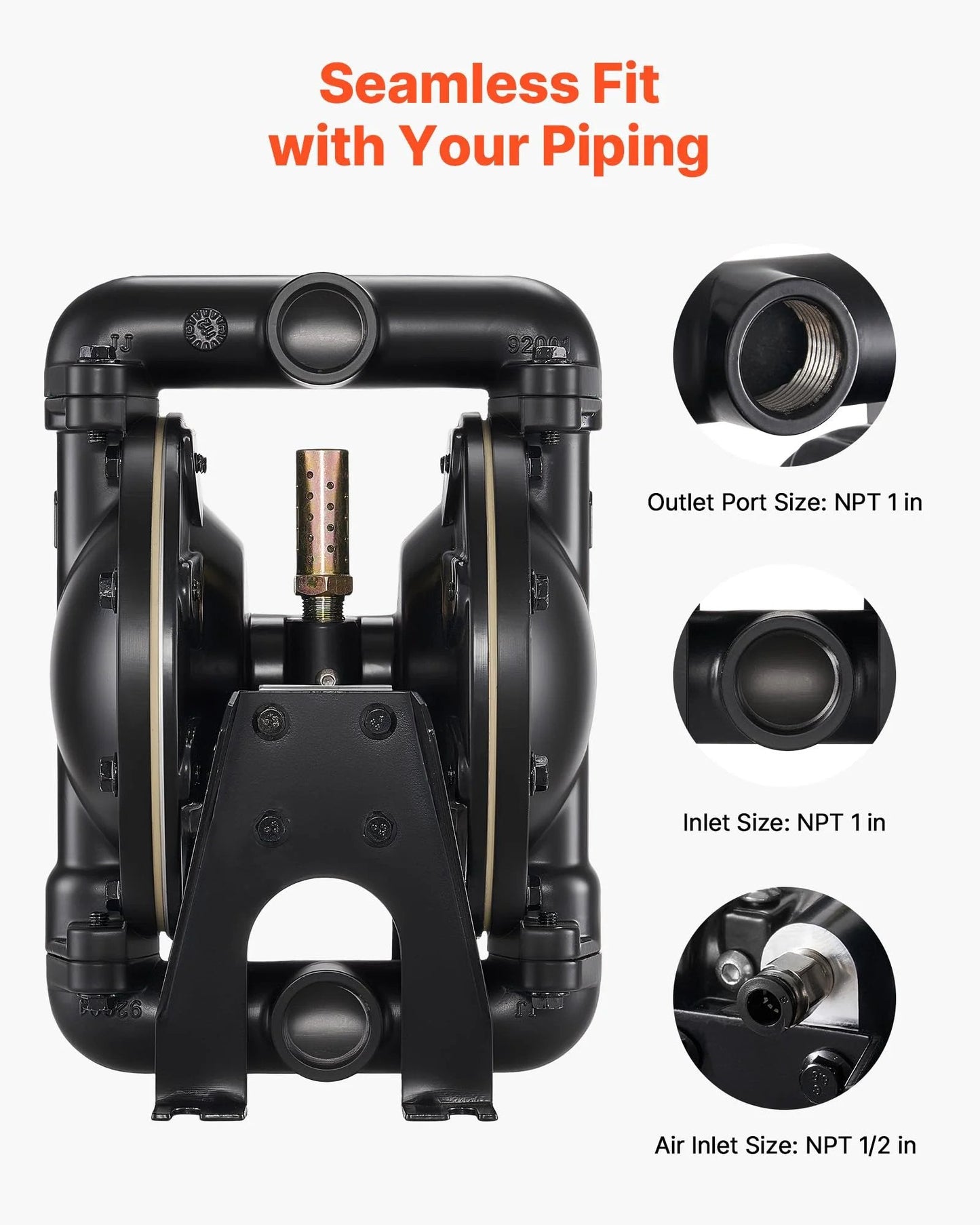 Air Operated Double Diaphragm Pump For Oil And Fuel Transfer, 35 GPM, 1 Inch Inlet And Outlet, Max 114 PSI, Aluminum Alloy Body