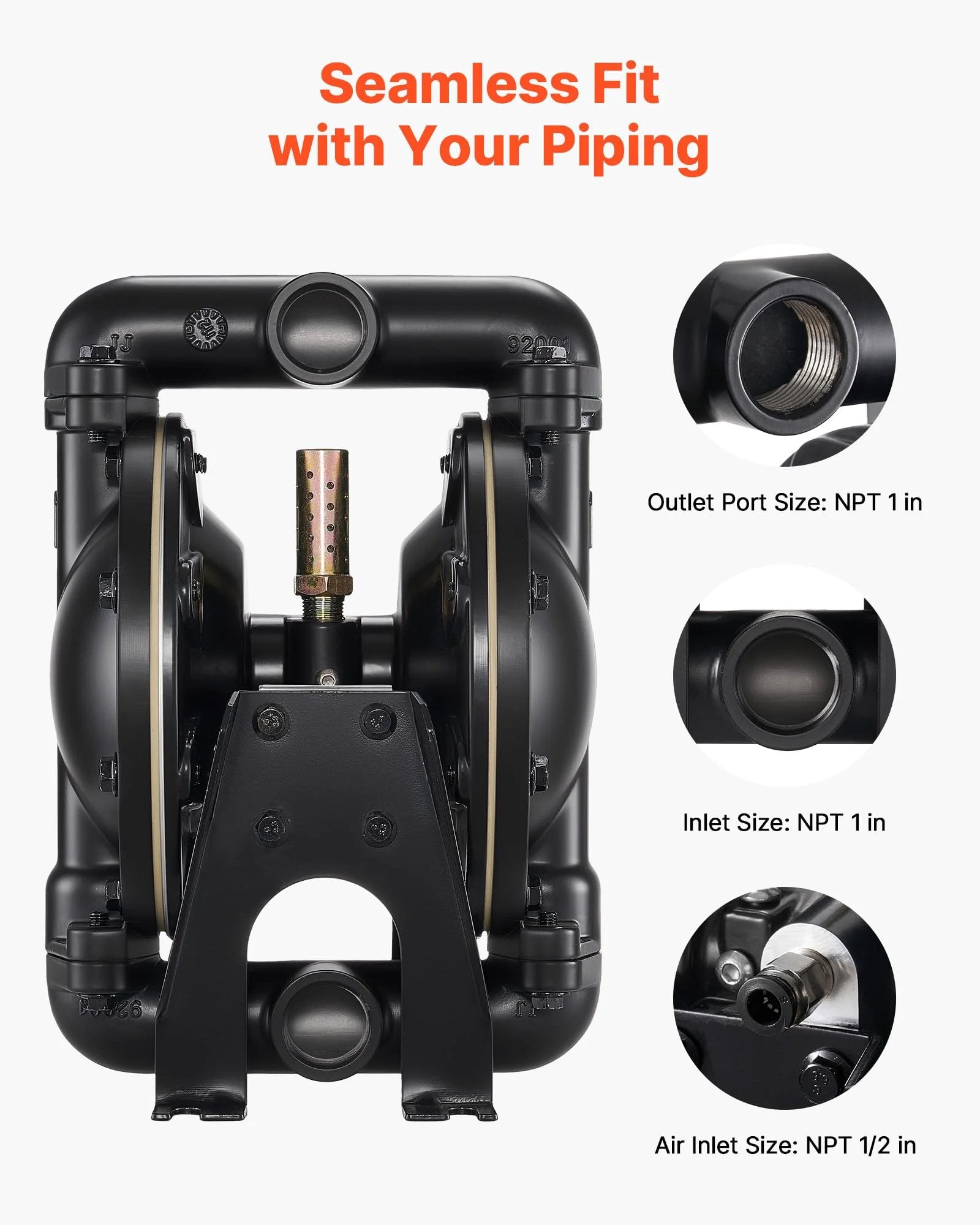 Air Operated Double Diaphragm Pump For Oil And Fuel Transfer, 35 GPM, 1 Inch Inlet And Outlet, Max 114 PSI, Aluminum Alloy Body