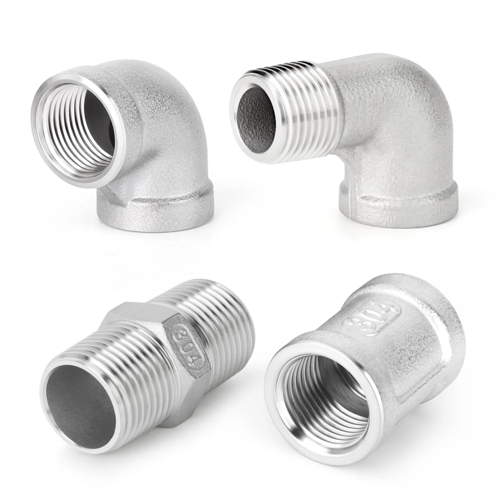 Heavy Duty 8-Piece 304 Stainless Steel Pipe Fitting Kit With 90 Degree Elbows, Hex Bushings, And 3/8 NPT Couplings For Industrial Plumbing And DIY Projects By Taisher