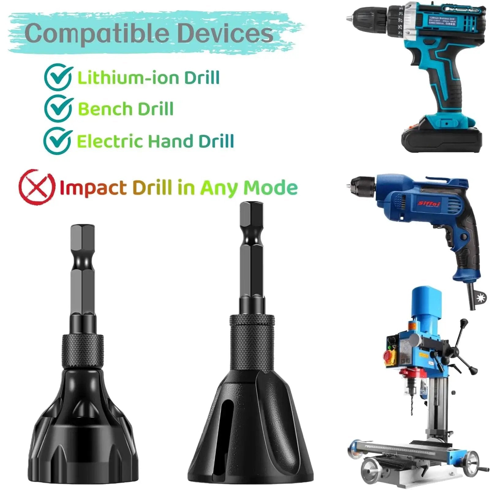 Pro Grade Tungsten Carbide Chamfer Set 2-Pack for drills, showing compatibility with lithium-ion, bench, and electric hand drills.