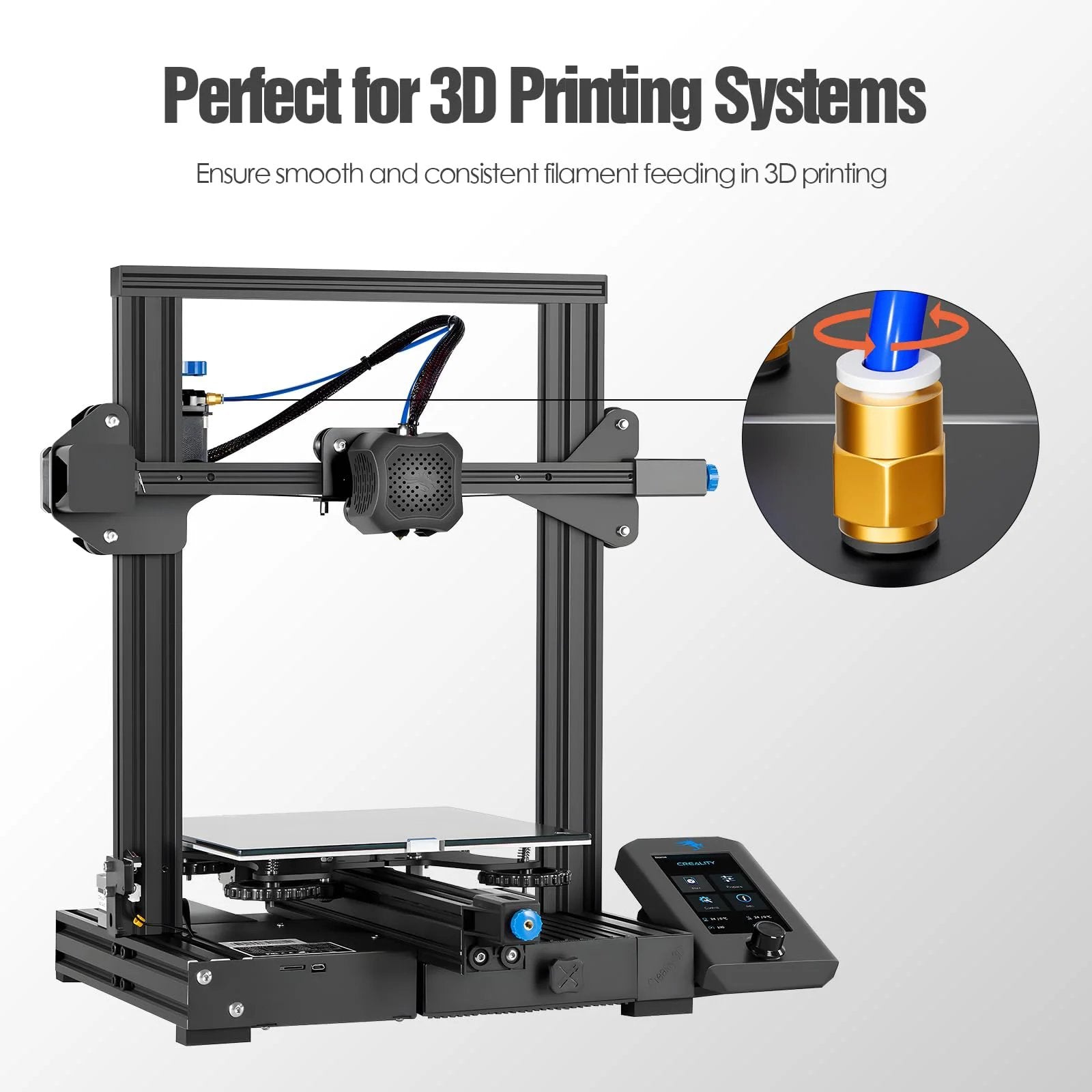 3D printer with Push To Connect PC4 M6 Bowden PTFE Tube Fittings For 4mm Tubing Quick Connect Pneumatic Couplers installed