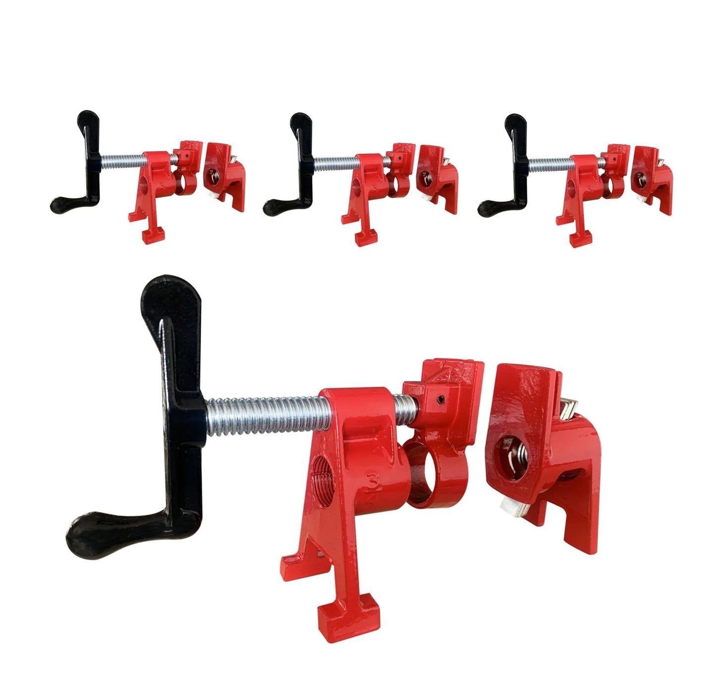 Versatile 4 Pack Three Quarter Inch H Style Pipe Clamp Set with Quick Release, showing red and black clamps for woodworking