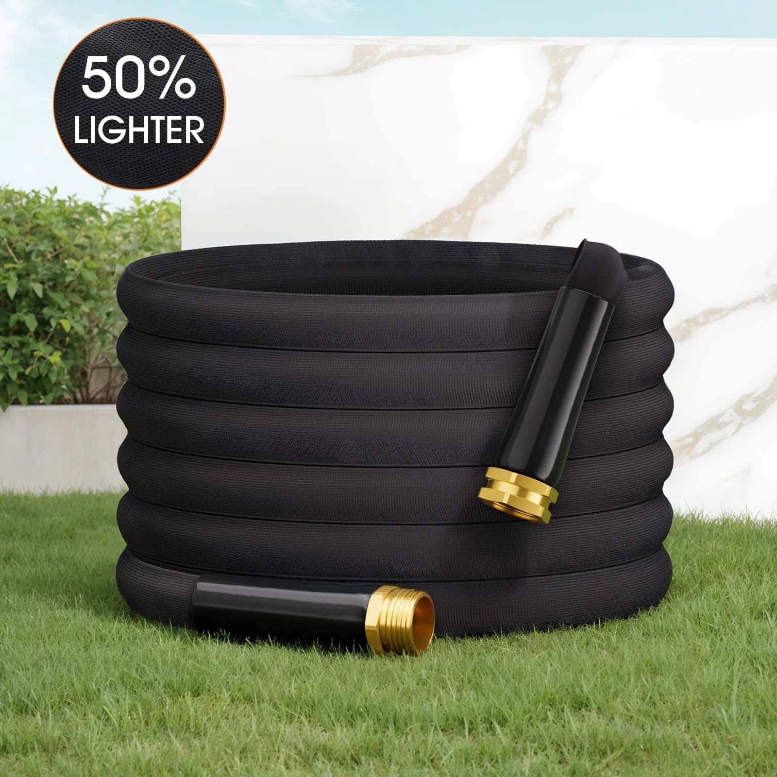 Non Expanding 100 Foot Garden Hose With Lightweight Flexible Design For Easy Handling coiled on grass, gold fittings visible