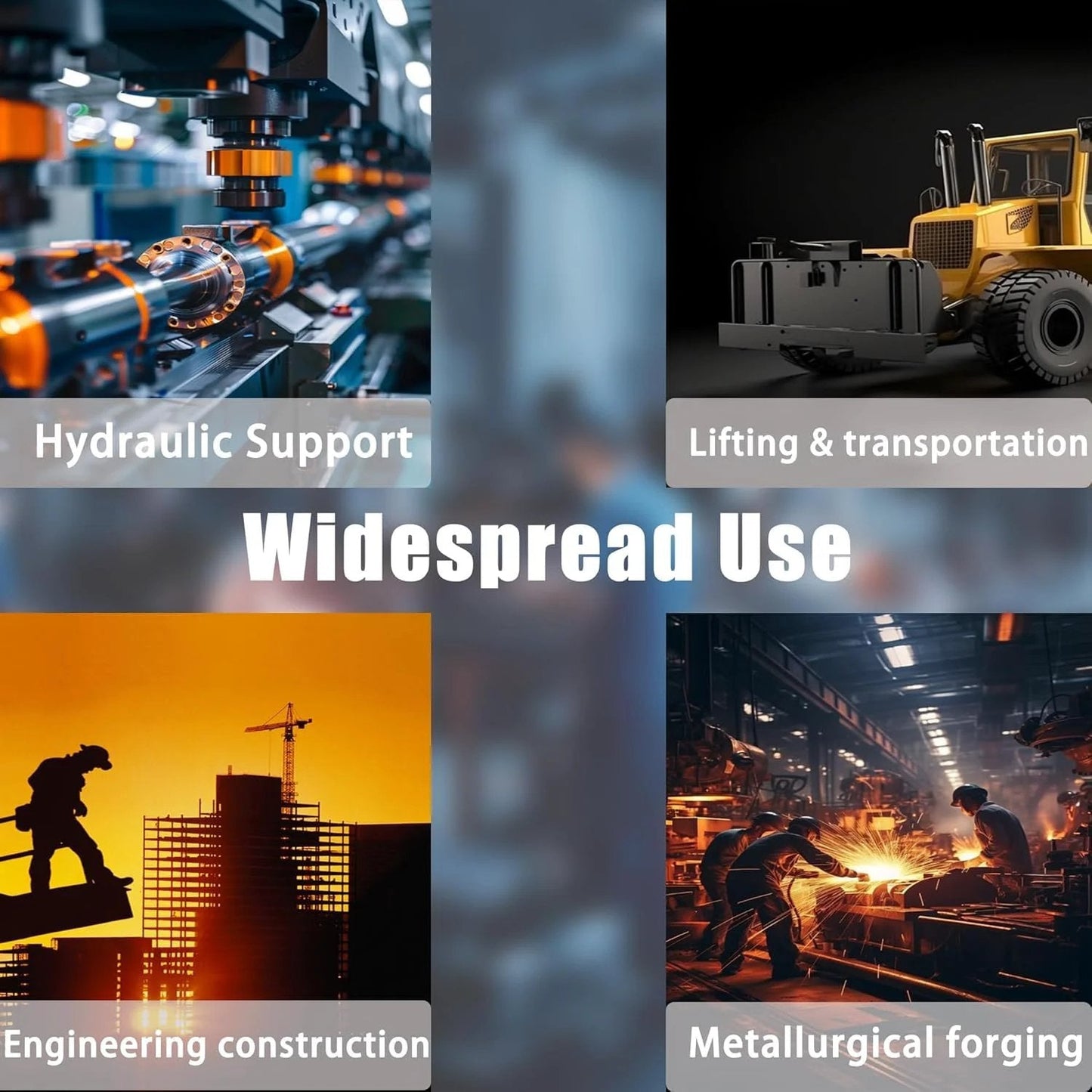 Collage showing uses of hydraulic hose assembly: hydraulic support, lifting and transportation, engineering construction, metallurgical forging.