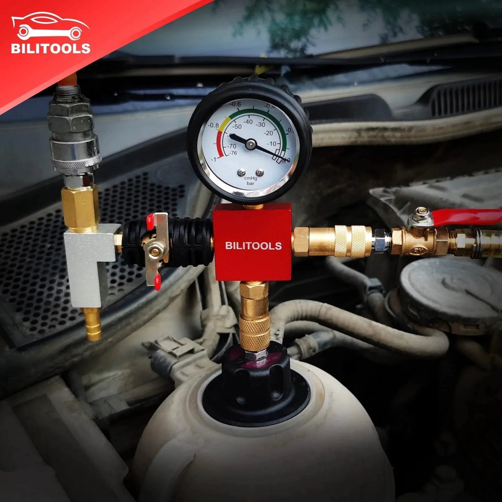 Radiator Cooling System Pressure Tester And Vacuum Refill Kit For Cars And Trucks in use, showing pressure gauge detail.