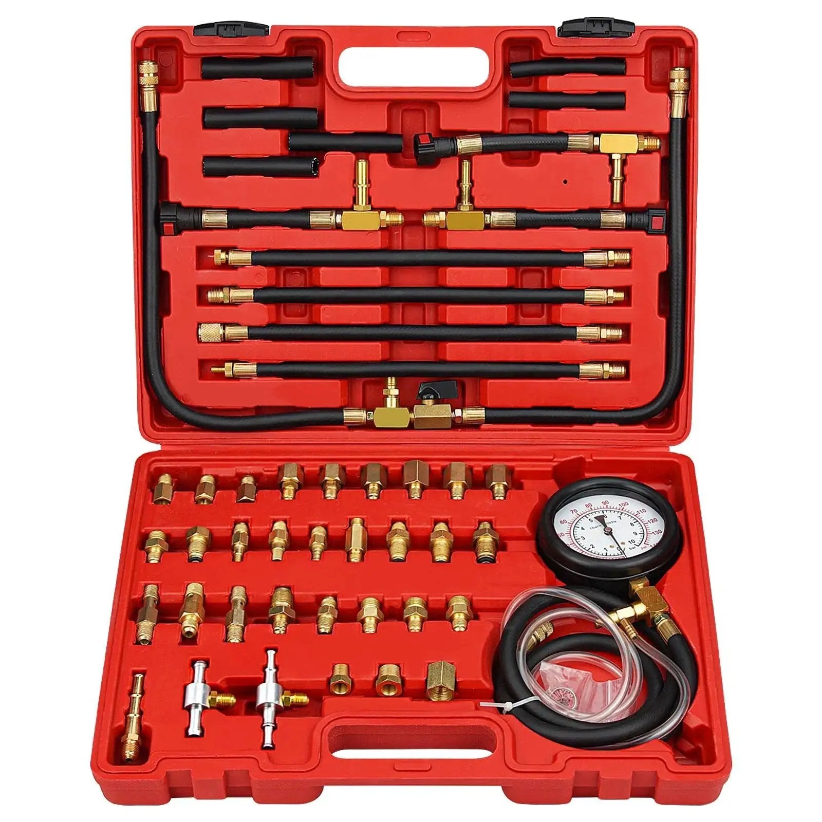 Open case displaying Fuel Injection Pressure Tester Kit With Gauge 0 To 140 PSI And Fittings, including hoses and adapters.