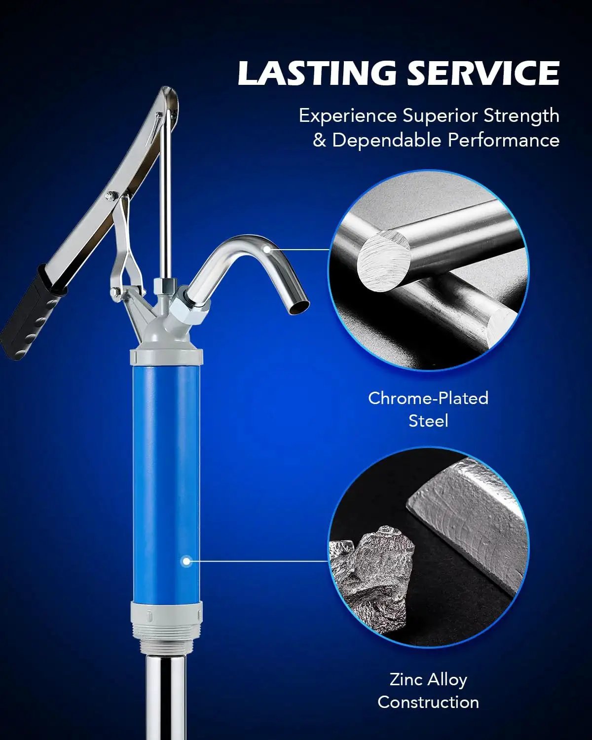 Lever Action Barrel Pump With Telescoping Suction Tube For 15 To 55 Gallon Drums in blue, chrome handle, zinc alloy construction.