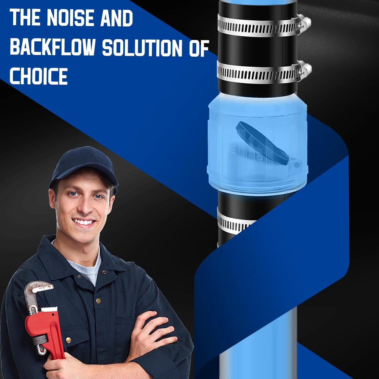 Silent Sump Pump Check Valve With Spring Loaded Flapper For Backflow Prevention And Water Hammer Reduction Fits 2 Inch Schedule 40 PVC Includes Steel Clamps For A Seven And A Quarter Inch Gap, plumber holding wrench