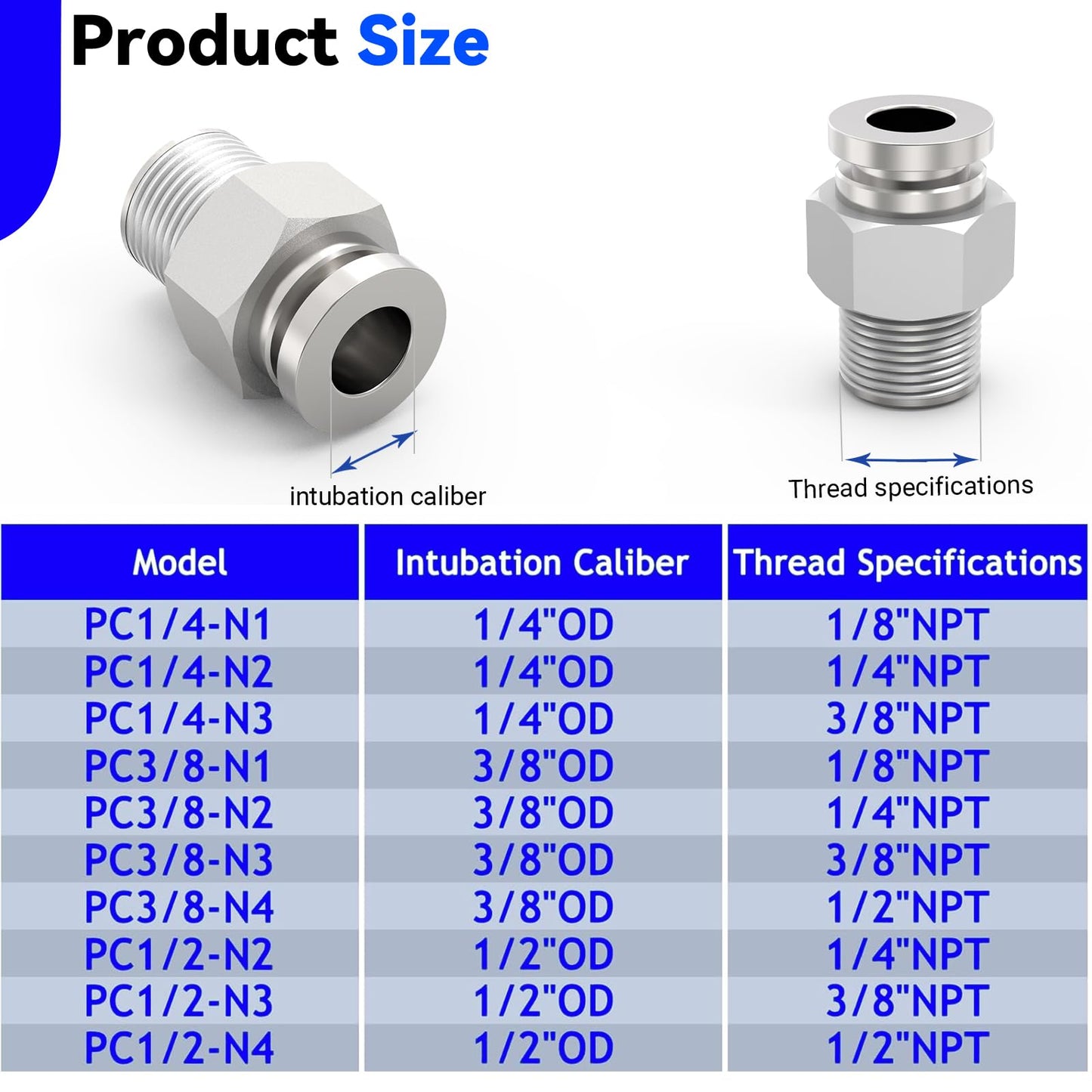 Premium 304 Stainless Steel Push To Connect Fittings For One Quarter Inch OD Tubing And One Quarter Inch NPT Thread Straight Male Quick Connect Pneumatic Air Line Hose Fittings Accessories 6 Pack By EterMutable product chart with size specifications.