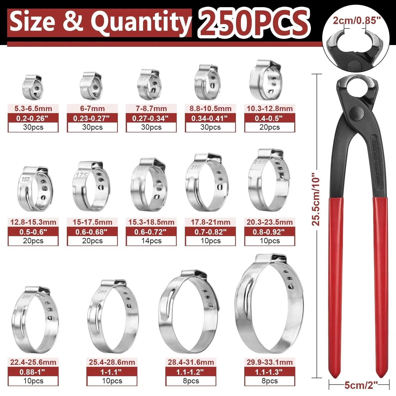 250 Pieces 14 Size Single Ear Hose Clamp Kit 5.3 To 33.1 Mm 304 Stainless Steel Ear Clamp Kit With Ear Clamp Pincer displayed