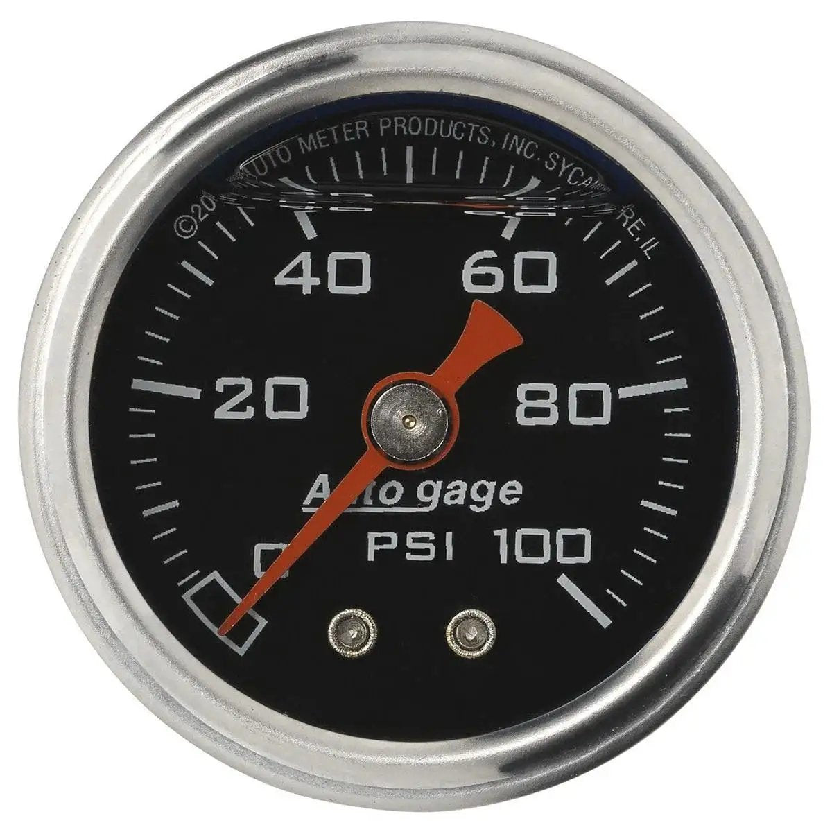 Front view of Autogage Fuel Pressure Gauge 2174 for car dash black face with 1/8 inch NPT back fitting and liquid dampened movement