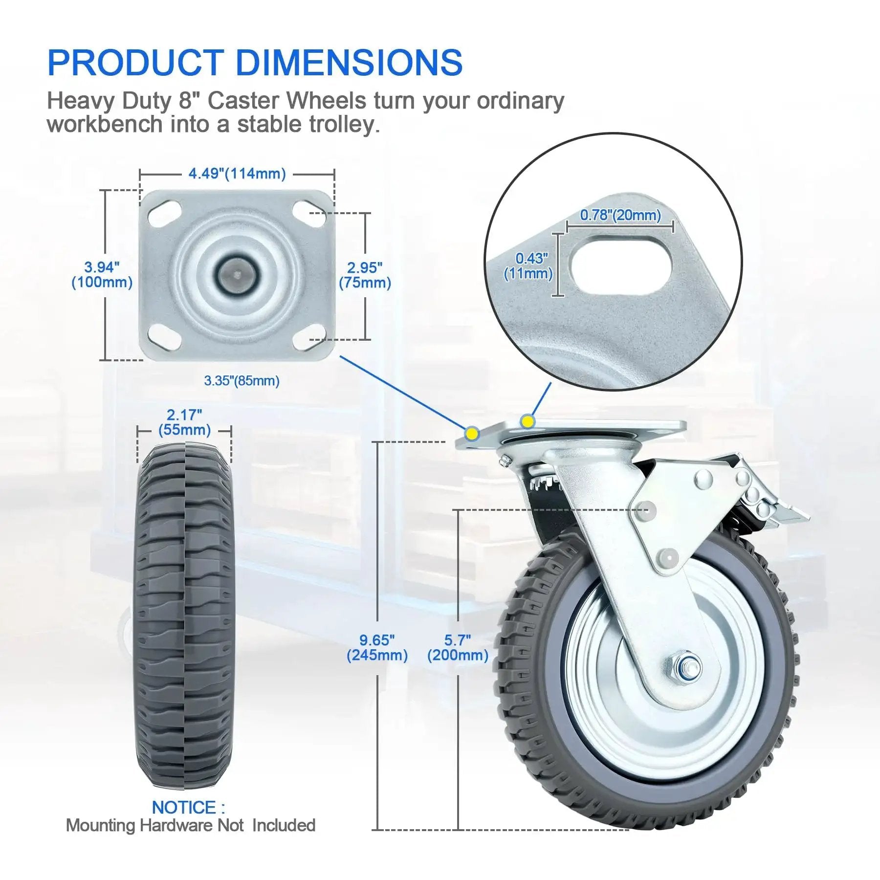 8 Inch Heavy Duty Caster Wheels Set With 2 Braked Swivel Casters And 2 Fixed Industrial Plate Casters dimensions diagram