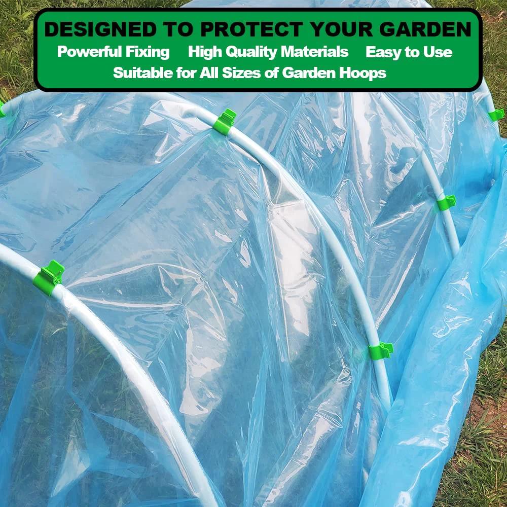 Greenhouse Clamps For Half Inch PVC Pipe Garden Net Fix Clips 30 Pack With Pro Grade Heavy Duty Stainless Steel Springs securing plastic cover on hoop.