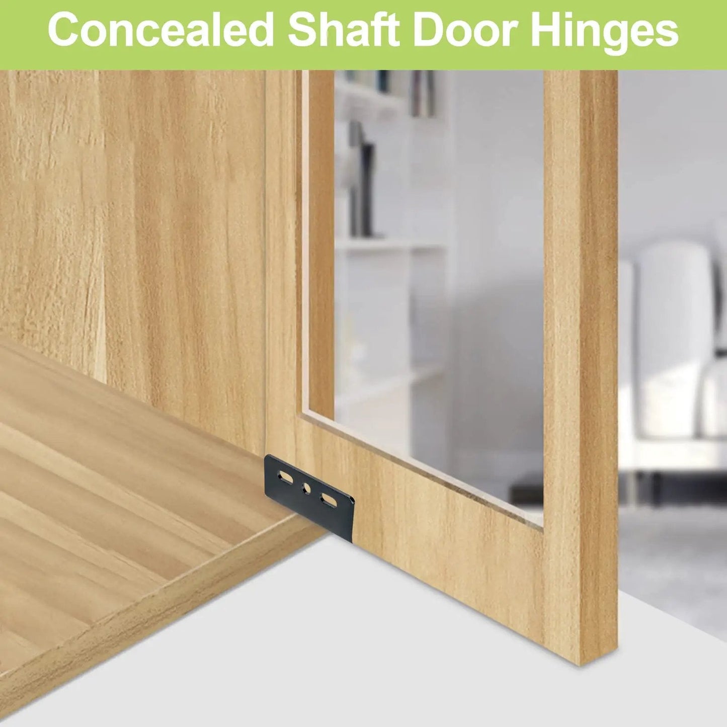 Concealed Shaft Cabinet Door Pivot Hinges In Iron Black, Four Sets With Pin And Bushing, installed on a wooden door