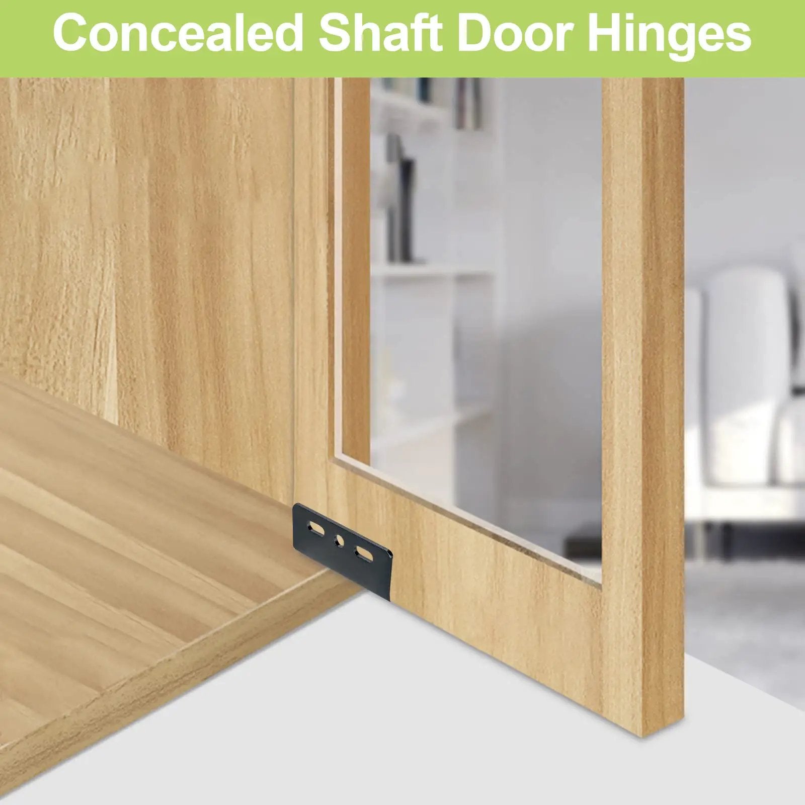 Concealed Shaft Cabinet Door Pivot Hinges In Iron Black, Four Sets With Pin And Bushing, installed on a wooden door