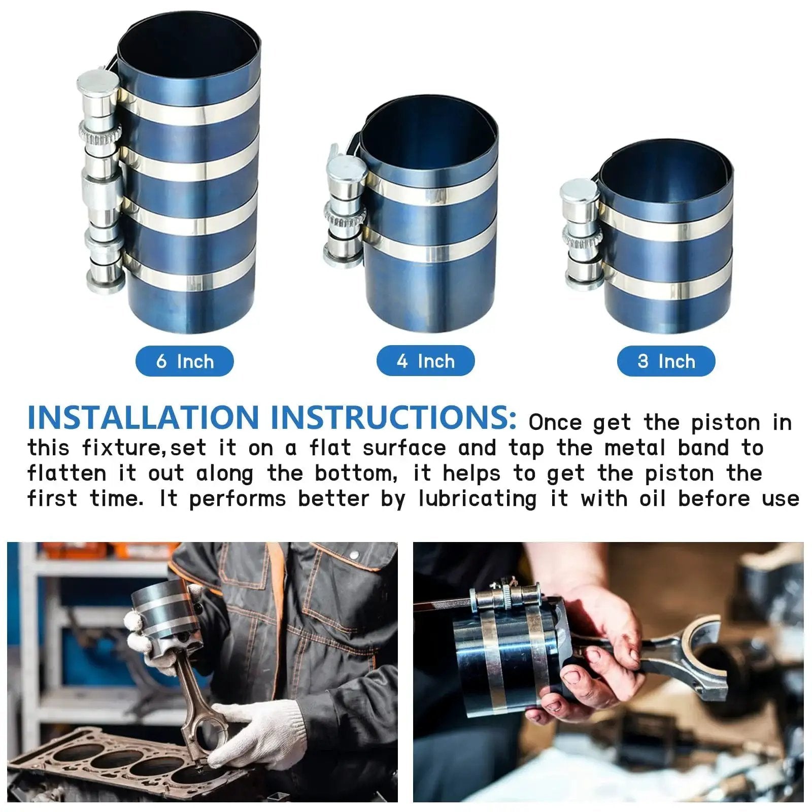 All In One 8 Piece Piston Ring Compressor Kit For Car Engines With Adjustable 3 Inch 4 Inch And 6 Inch Diameters Includes Pliers Hex Keys And Stainless Steel Feeler Gauge For Fast Engine Builds Worldity showing three piston ring compressors and usage instructions