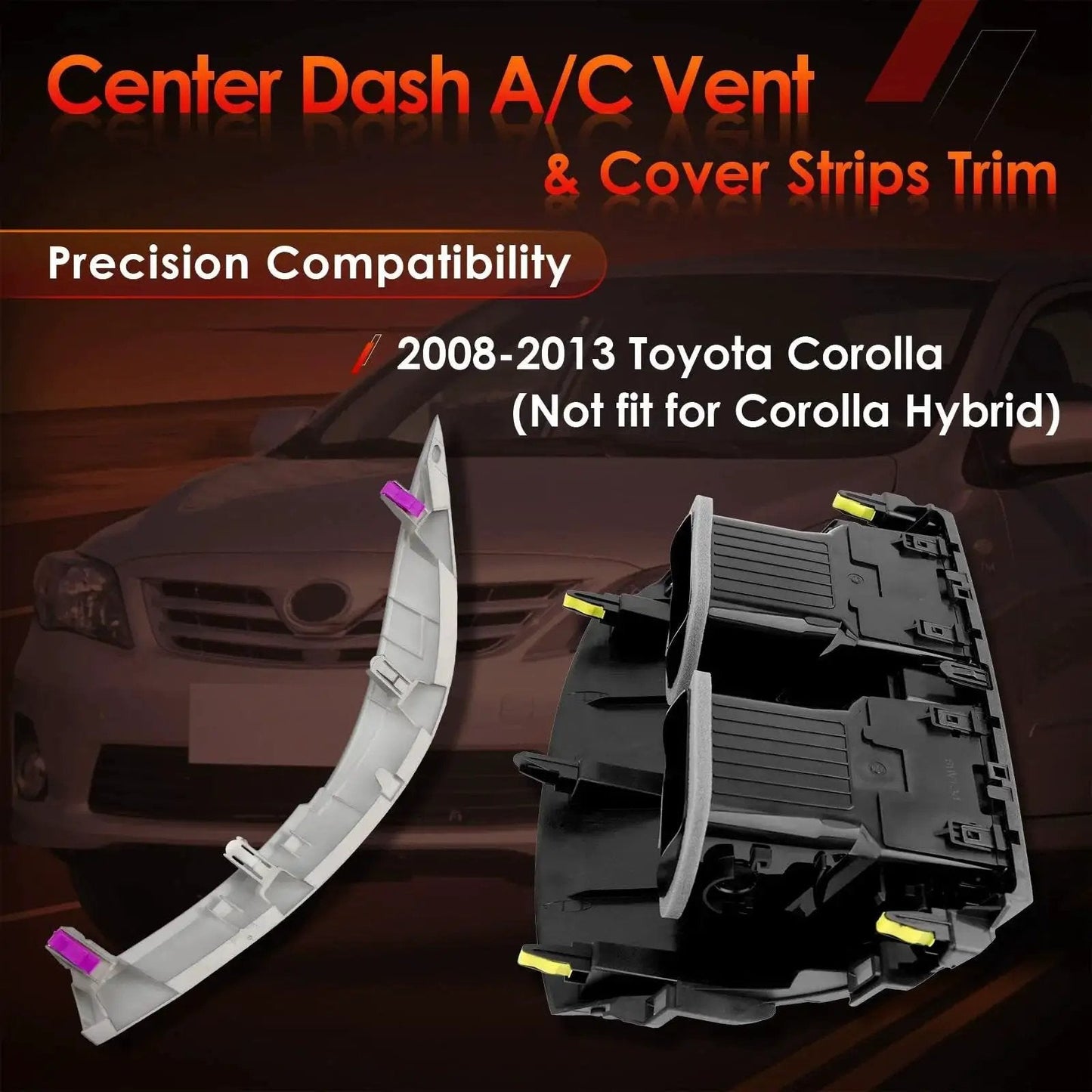 AC Dash Vent Cover For 2008 To 2013 Corolla Left And Right Gray Trim Pair, center dash view next to car background.