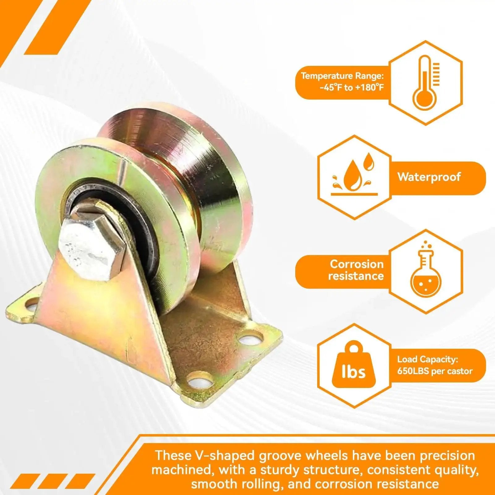 Eight Pack Beefy 2 Inch V Groove Wheel Casters, Heavy Duty Rigid V Shape Bracket Roller For Sliding Gates And Industrial Rails, Pressure Bearing Pulley With 270 Kg Load Capacity, Smooth Rolling, Bolt Or Weld Mount.