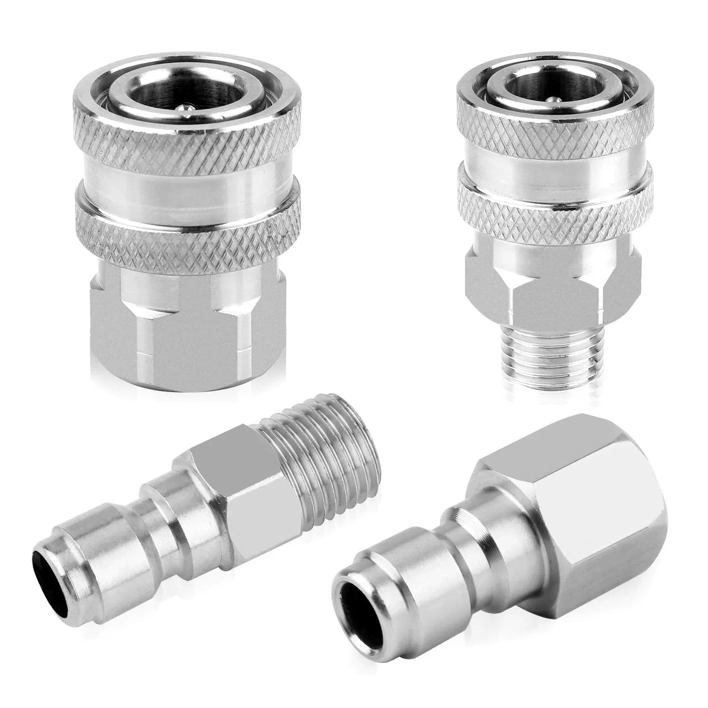 2 Pack Stainless Steel Quick Connect Fittings For Pressure Washer NPT Quarter Inch Male And Female Adapters Conversion Kit With Internal And External Threads And Leak Proof Ball Lock System For Fast No Fuss Hose Connections