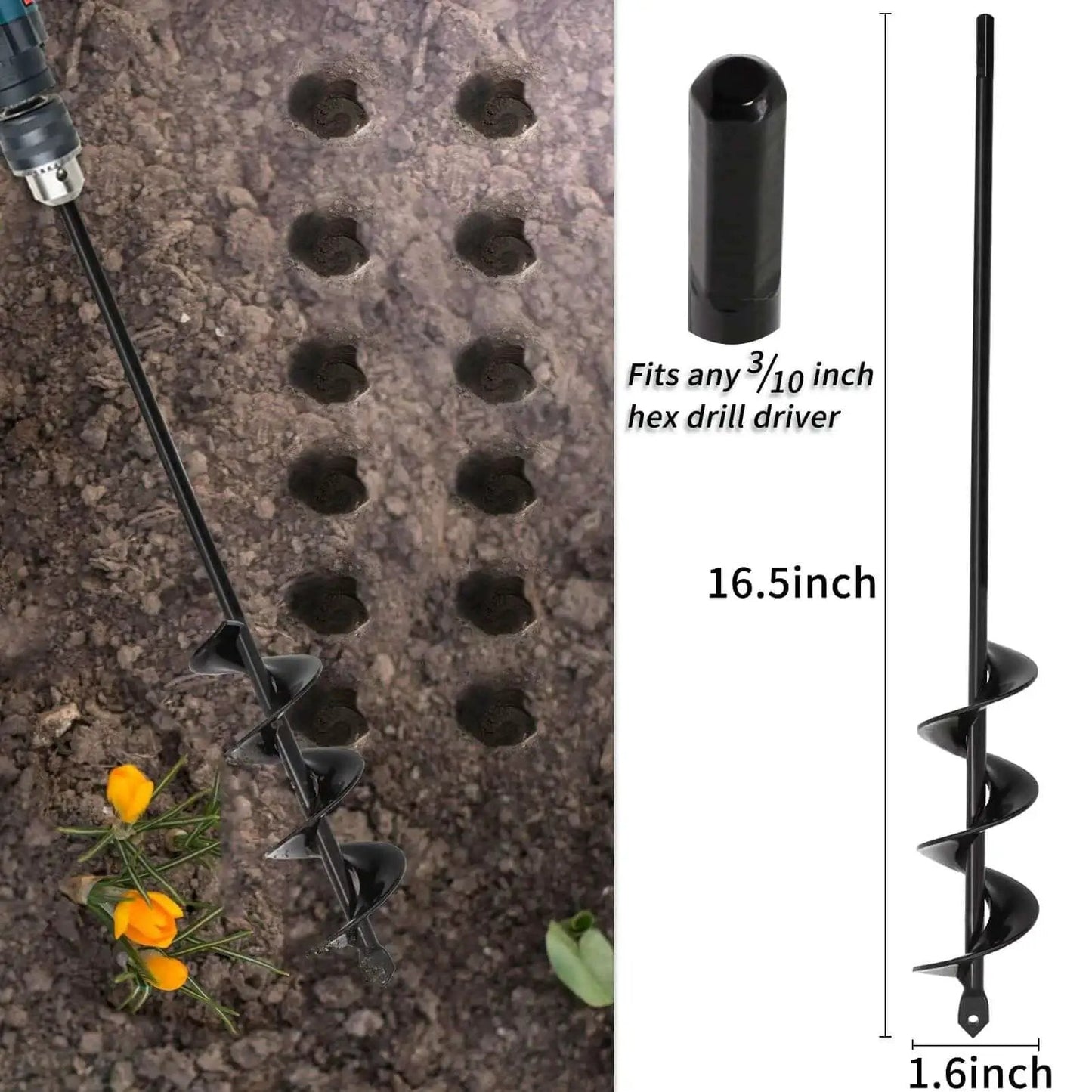 Extended Length Garden Auger Drill Bit 1.6 by 16.5 Inch For Planting Bulbs And Flowers Post Hole Digger For Three Eighths Inch Hex Drill Heavy Duty Spiral Bit For Faster Planting And Less Backbreaking Work TCBWFY next to drilled holes