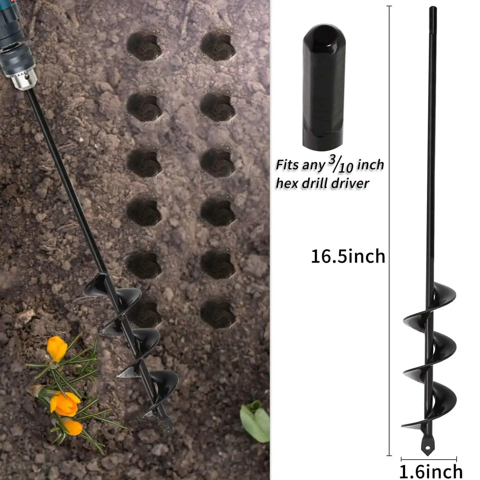 Extended Length Garden Auger Drill Bit 1.6 by 16.5 Inch For Planting Bulbs And Flowers Post Hole Digger For Three Eighths Inch Hex Drill Heavy Duty Spiral Bit For Faster Planting And Less Backbreaking Work TCBWFY next to drilled holes