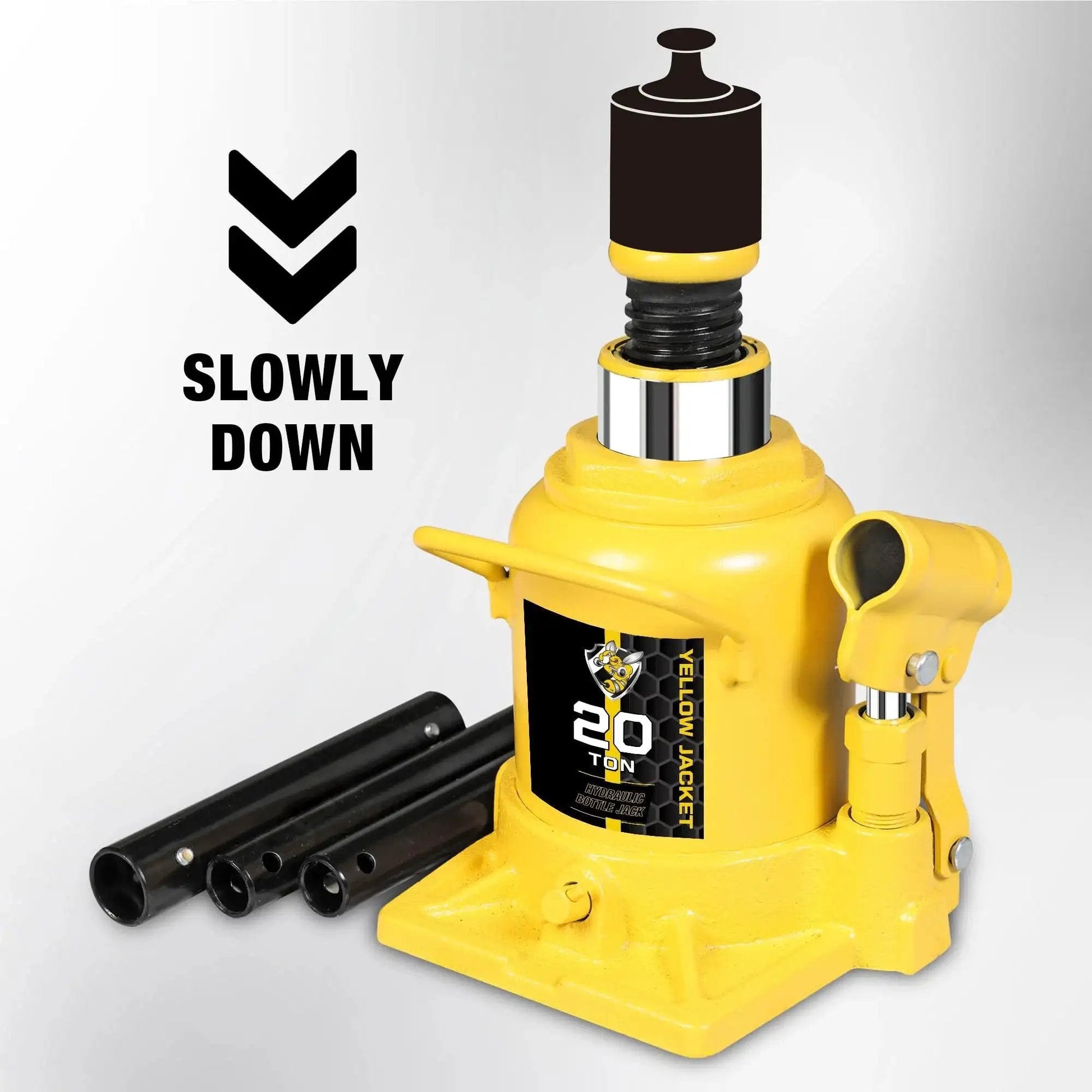 20 Ton Low Profile Bottle Jack for Heavy Duty Lifting Up to 40,000 Lbs in yellow, side view with detached handle