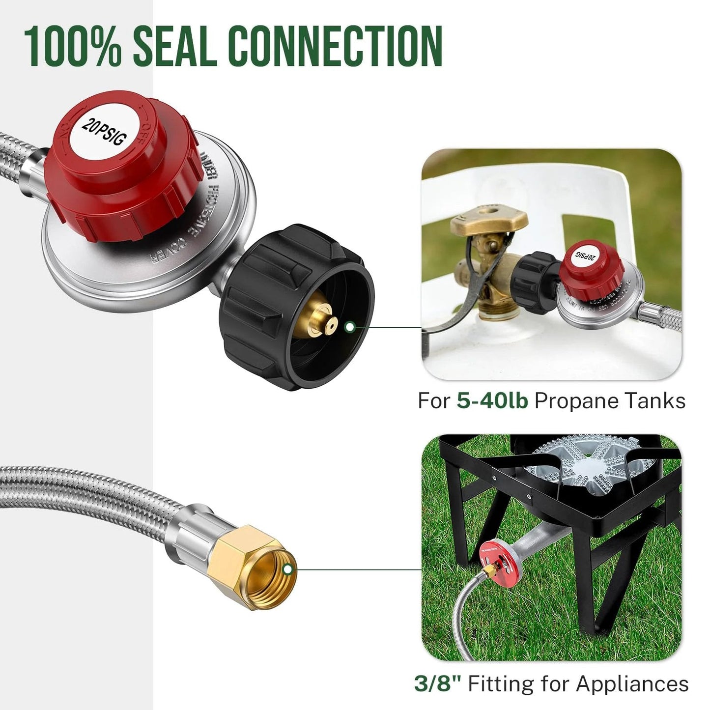 Adjustable 0-20 PSI Propane Regulator With 4 Foot Braided Hose For BBQ Grills Turkey Fryers Fish Fryers Burners Smokers Forges And Outdoor Cookers High Pressure Tank Regulator With QCC1 And 3/8 Inch Female Fittings By Alloxity showing seal connection and fittings