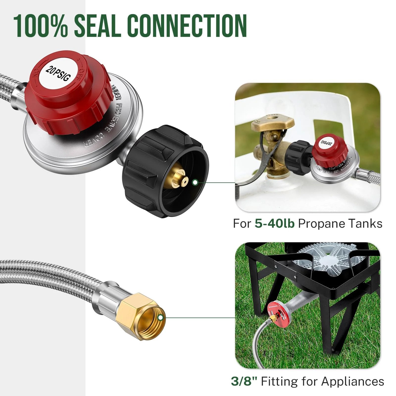 Adjustable 0-20 PSI Propane Regulator With 4 Foot Braided Hose For BBQ Grills Turkey Fryers Fish Fryers Burners Smokers Forges And Outdoor Cookers High Pressure Tank Regulator With QCC1 And 3/8 Inch Female Fittings By Alloxity showing seal connection and fittings