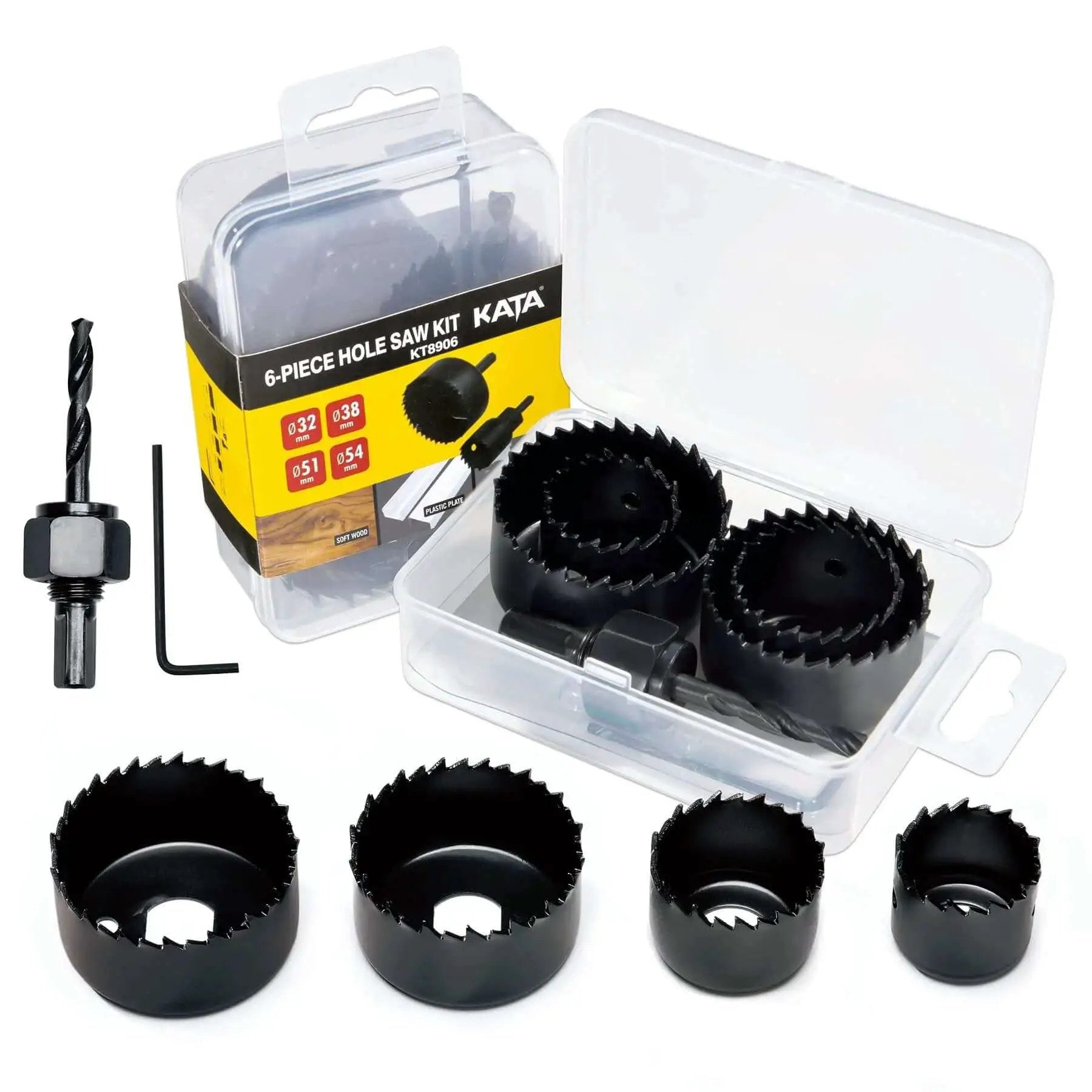 Six Piece Hole Saw Kit With Case And Mandrels For Soft Wood PVC And Plywood 1-1/4 To 2-1/8 Inch 32-54mm Set KATA Durable Carbon Steel