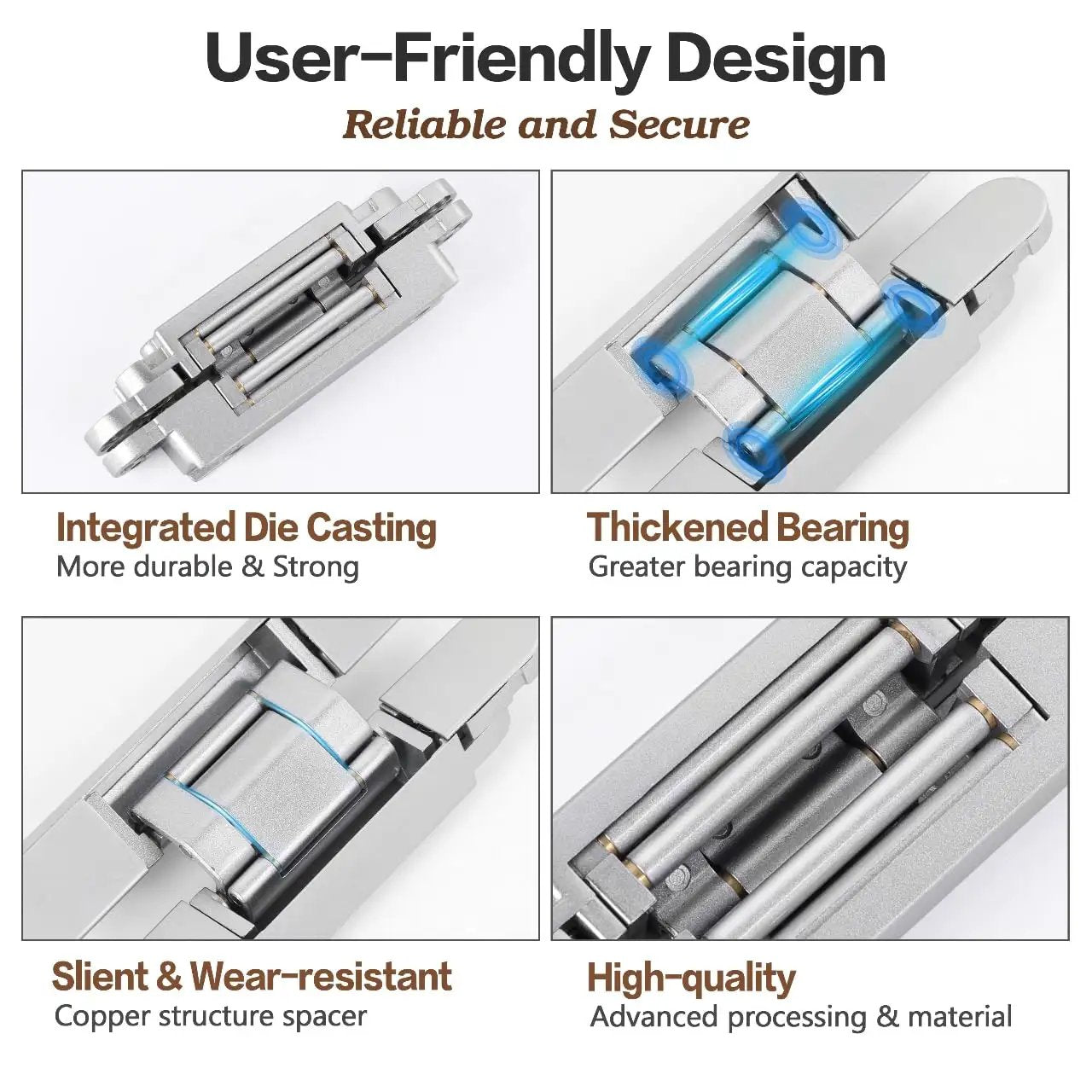 Detailed view of Hidden Door Hinges 7 Inch Stainless Steel Concealed Hinges with die casting, bearing, and copper spacers.