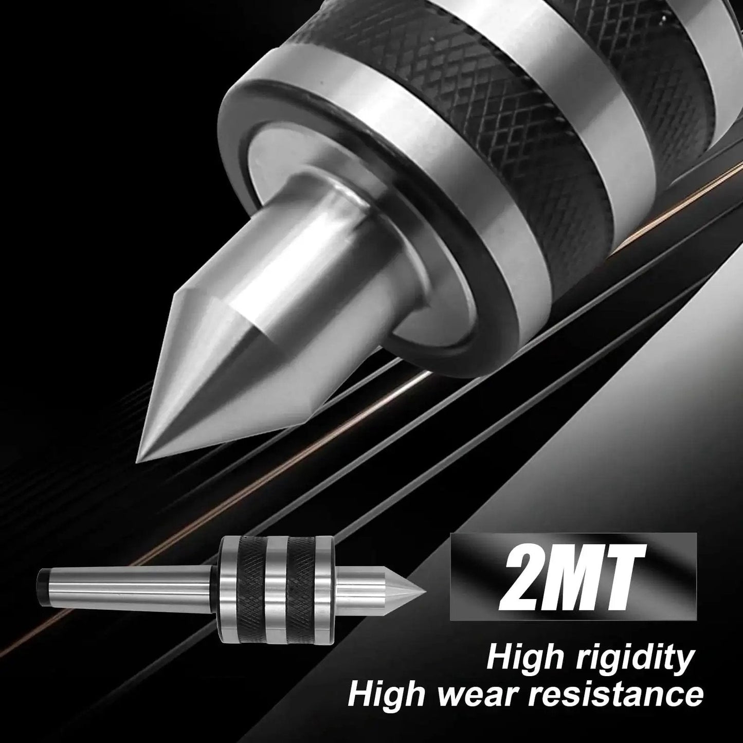 2MT Morse Taper Live Center 60 Degree with triple bearing for lathe and CNC work, maximum 5000 RPM, tool steel, 63 HRC, side view