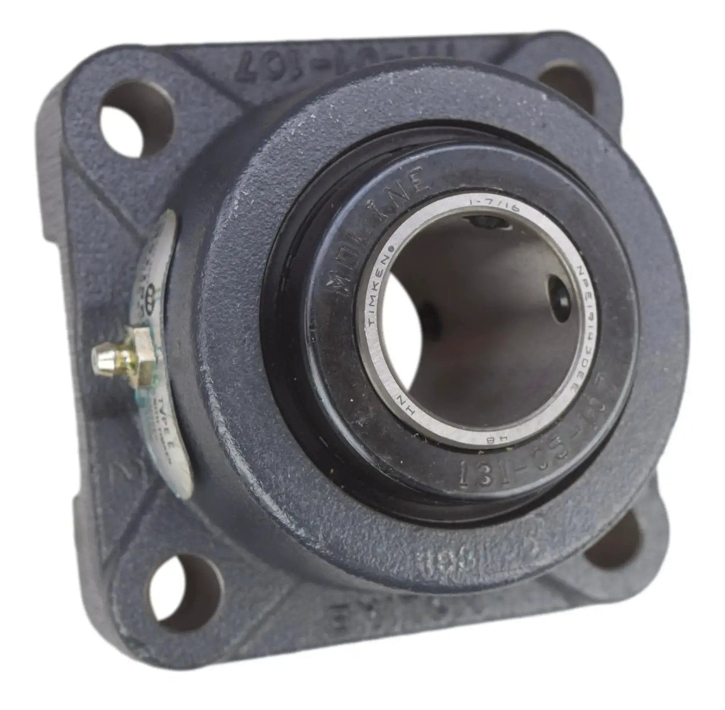 Heavy Duty 1-7/16 Inch Type E Four Bolt Flange Bearing 19311107, front view, replaces Timken E-4BF-TRB-1-7/16