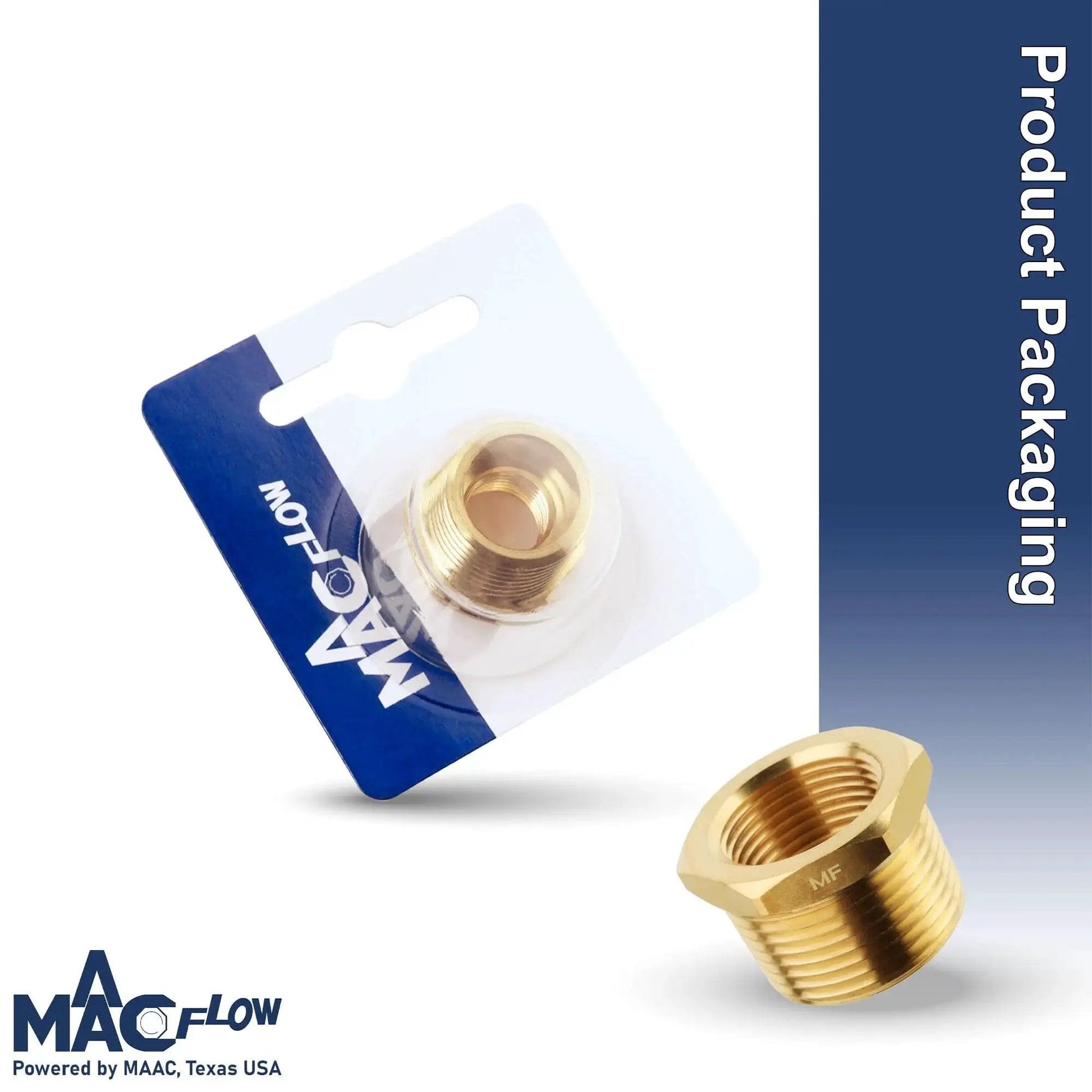 Tough As Nails Brass NPT Adapter Reducer Hex Bushing One Half Inch Male NPT To One Quarter Inch Female NPT MAACFLOW Packaging
