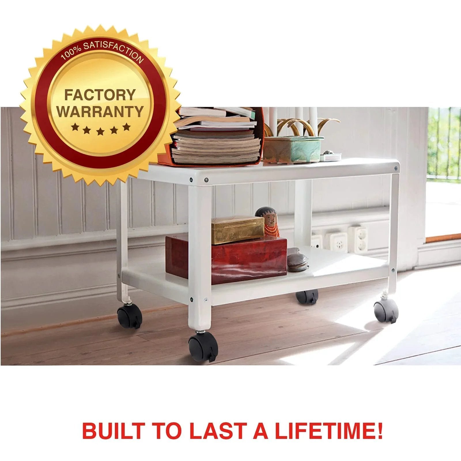 White table with books and plant on threaded caster set of 4 M8 x 1.25 swivel stem chair wheels with locking brake, 2 inch diameter, 50mm.
