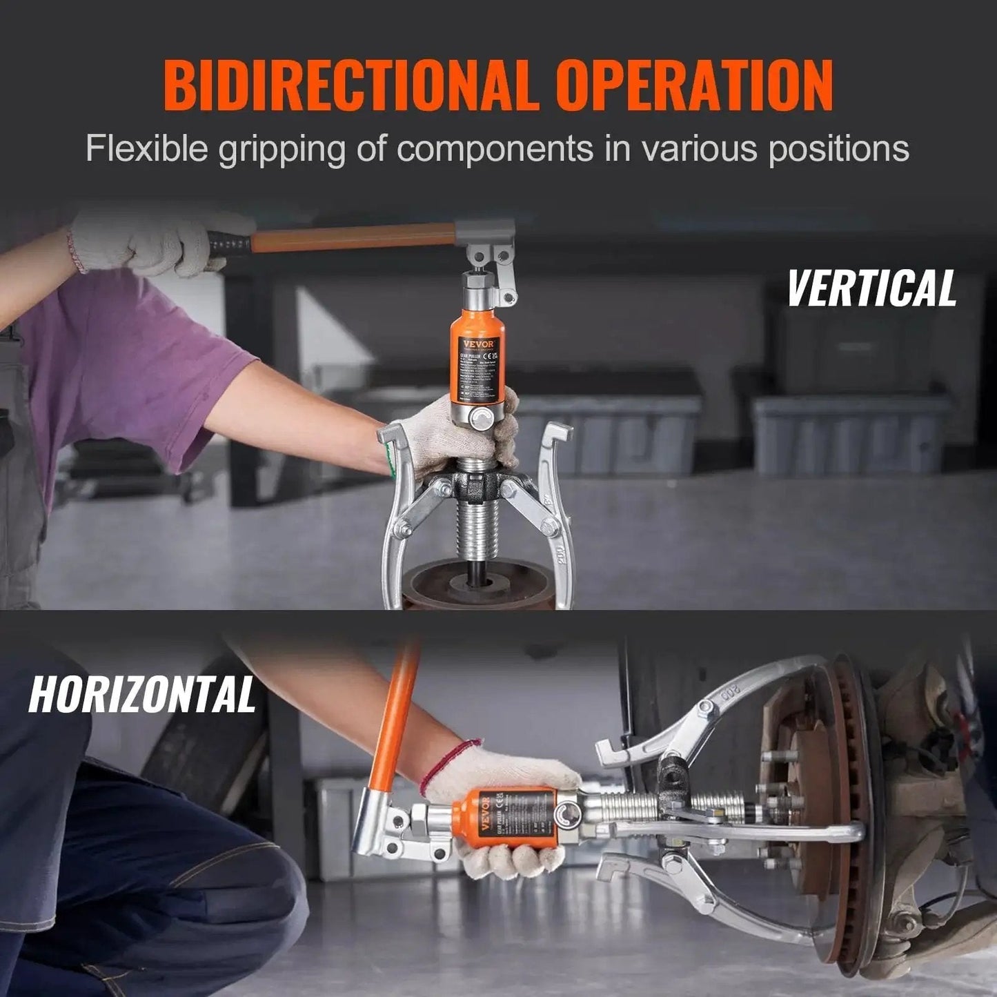 15 Ton Hydraulic Gear Puller With 12in Jaws For Bearing Removal Case Included shown in vertical and horizontal use