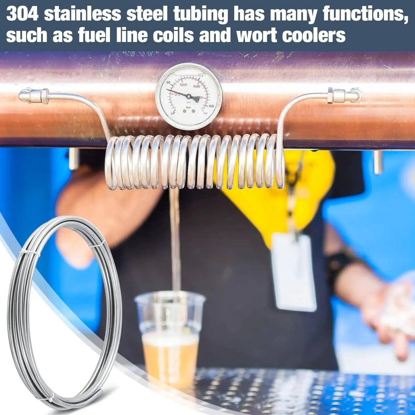 Stainless Steel Tubing Coil 1/4 Inch OD 50 Feet Length, 304 Grade, shown in use for wort cooling, ideal for fuel lines and automotive applications