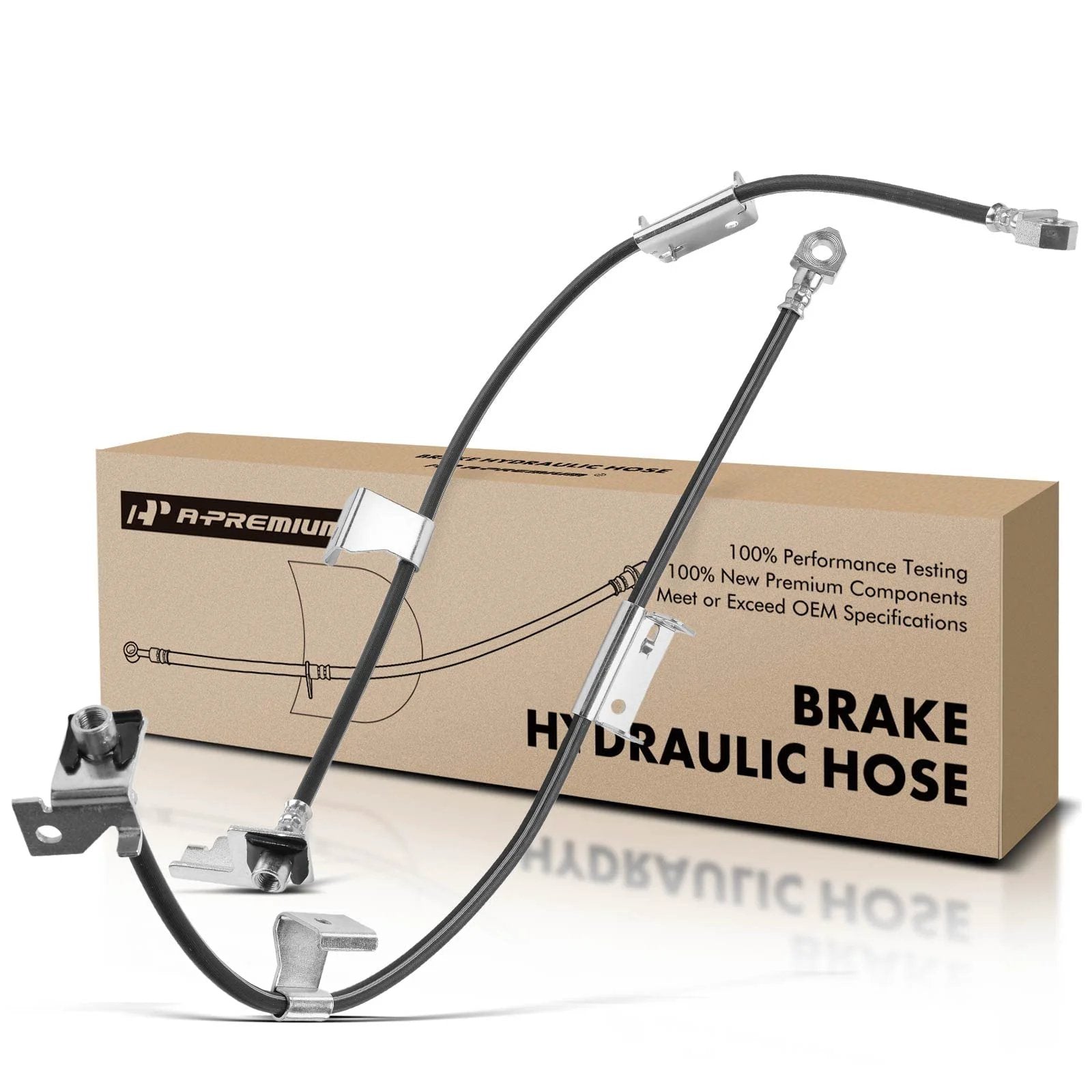 Front Brake Hydraulic Hose Set For Chevy GMC And Cadillac Trucks And SUVs Including High Quality OEM Style Silverado Sierra 1500 1500 Classic Tahoe Yukon Suburban Avalanche Escalade ESV EXT Pack Of 2 APremium displayed in front of packaging box