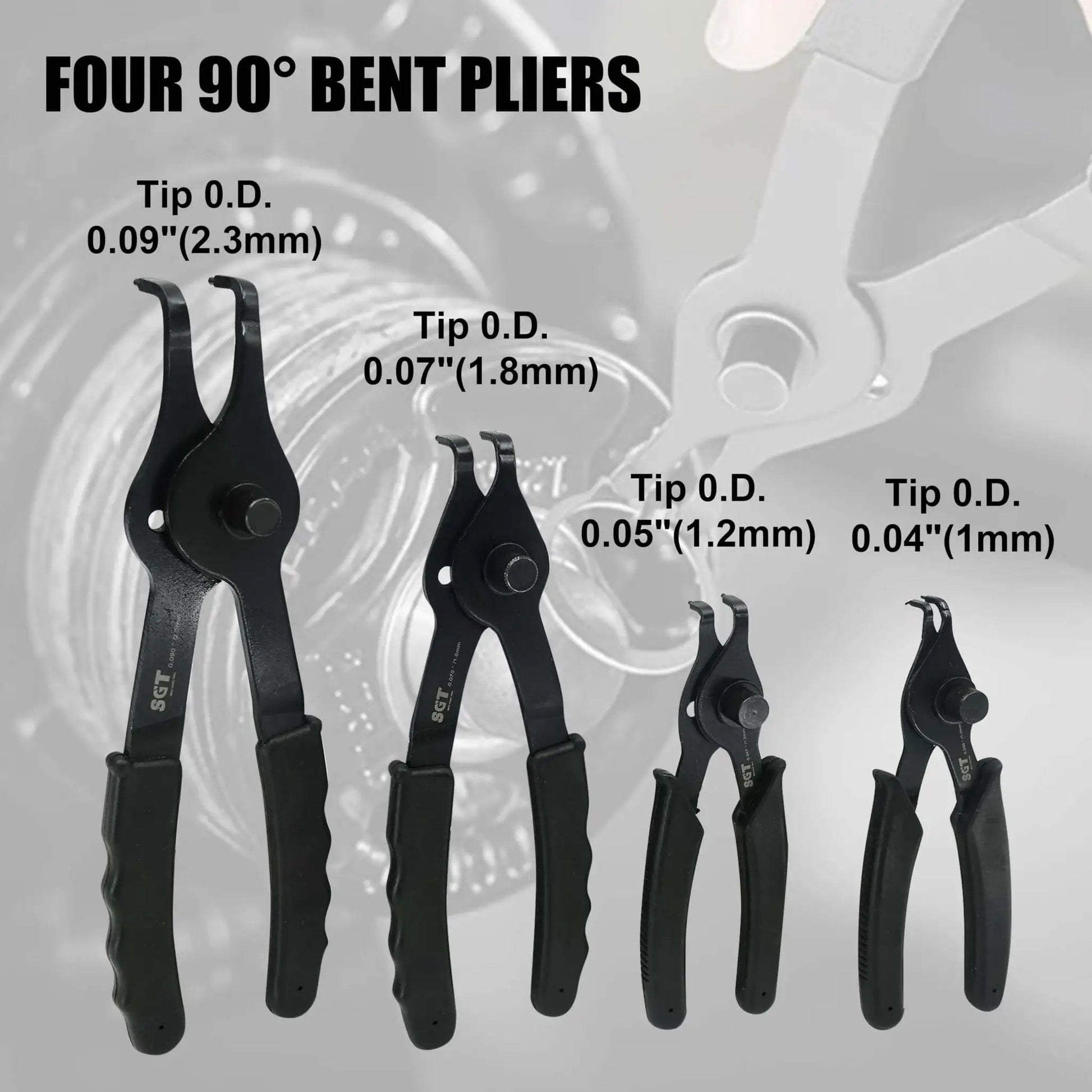 Four 90° bent pliers from 14 Piece Snap Ring Pliers Set With Internal And External Circlips Pliers Including 45 Degree Bent 90 Degree Bent And Straight Pliers Hook And Pick Pro Grade Heavy Duty Removal Tool With Storage Case And Gloves For Easy Ring Removal, varying in tip sizes.