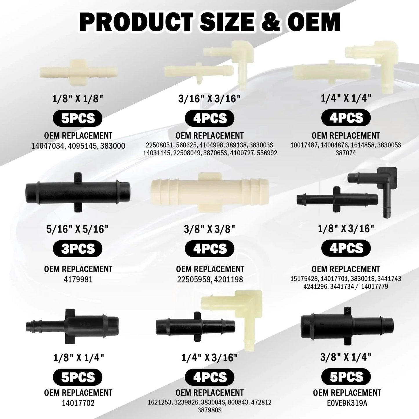 91 Pcs Car Vacuum Line Connectors Kit with 32 Sizes Displayed with OEM Replacement Numbers and Tubing Type