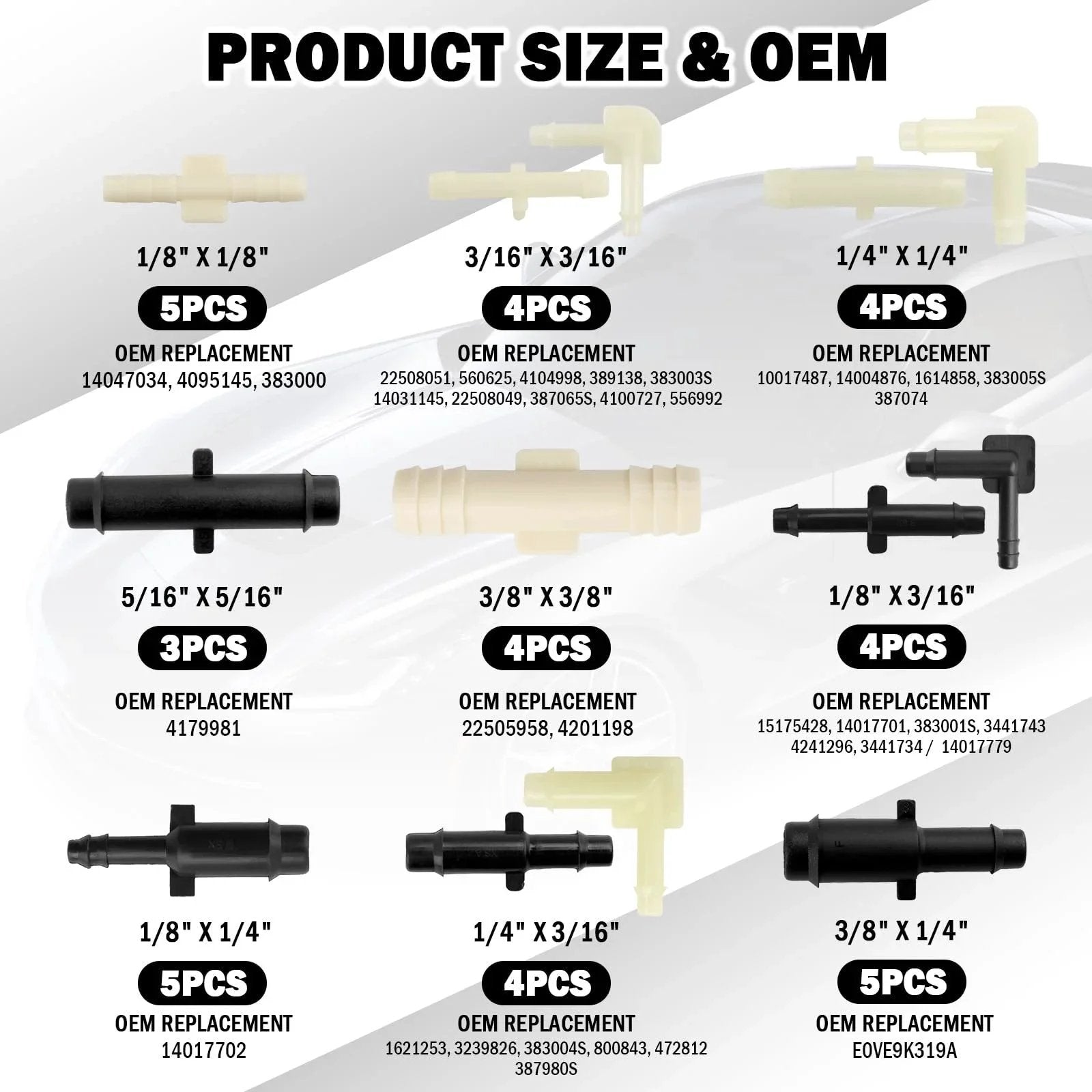 91 Pcs Car Vacuum Line Connectors Kit with 32 Sizes Displayed with OEM Replacement Numbers and Tubing Type