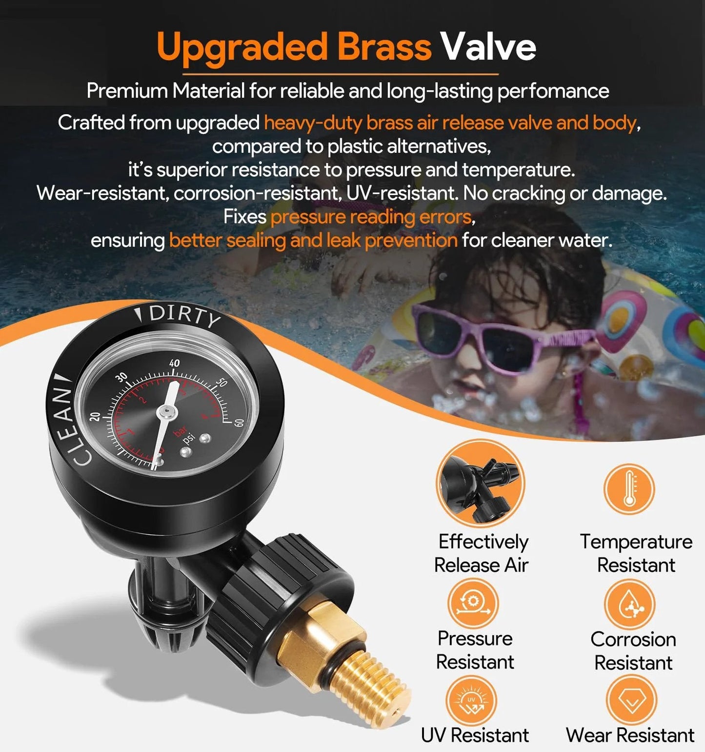 Upgrade R0357200 Brass Air Release Valve With Pressure Gauge Replacement For Zodiac Jandy Pool And Spa Filters Compatible With CV And CL Series DEV And DEL Series JS Series Durable Brass Build With Easy Install For Long Lasting Pool And Spa Use, showing valve and gauge close-up.
