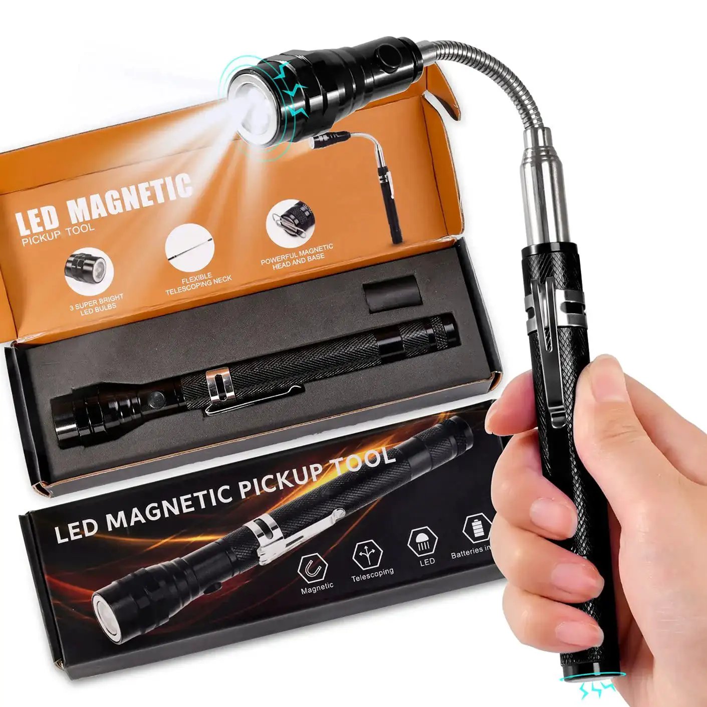 Magnetic Flashlight Gift For Men And Dads Extendable Telescoping Magnet Tool for DIY Handyman use, handheld and boxed view