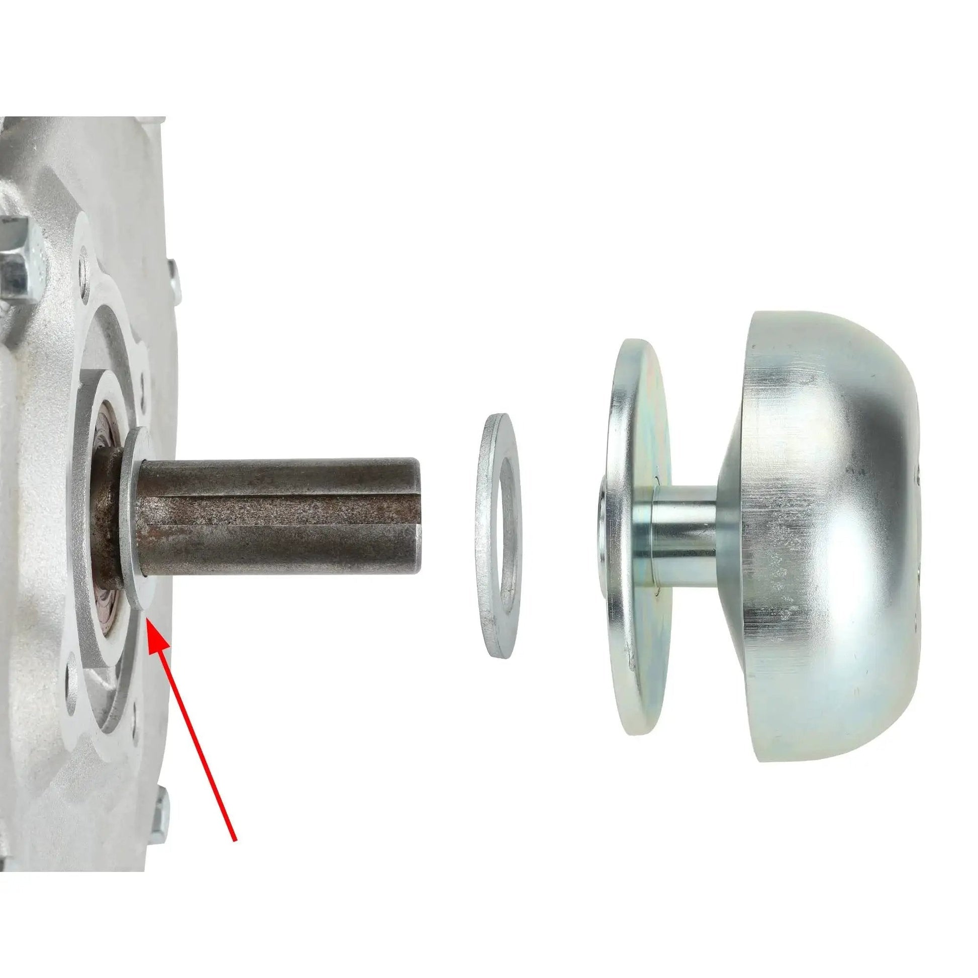 Universal Clutch Spacer Shim Kit Three Quarter Inch Shaft Eight Pack installed on engine with shaft and clutch plate visible
