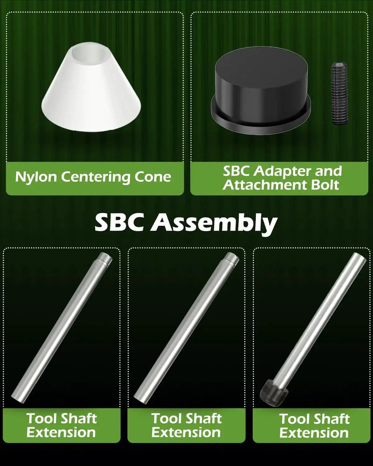 Cam Bearing Installation And Removal Tool components, including centering cone, adapter, bolt, and shaft extensions for SBC V8 and V6 engines.
