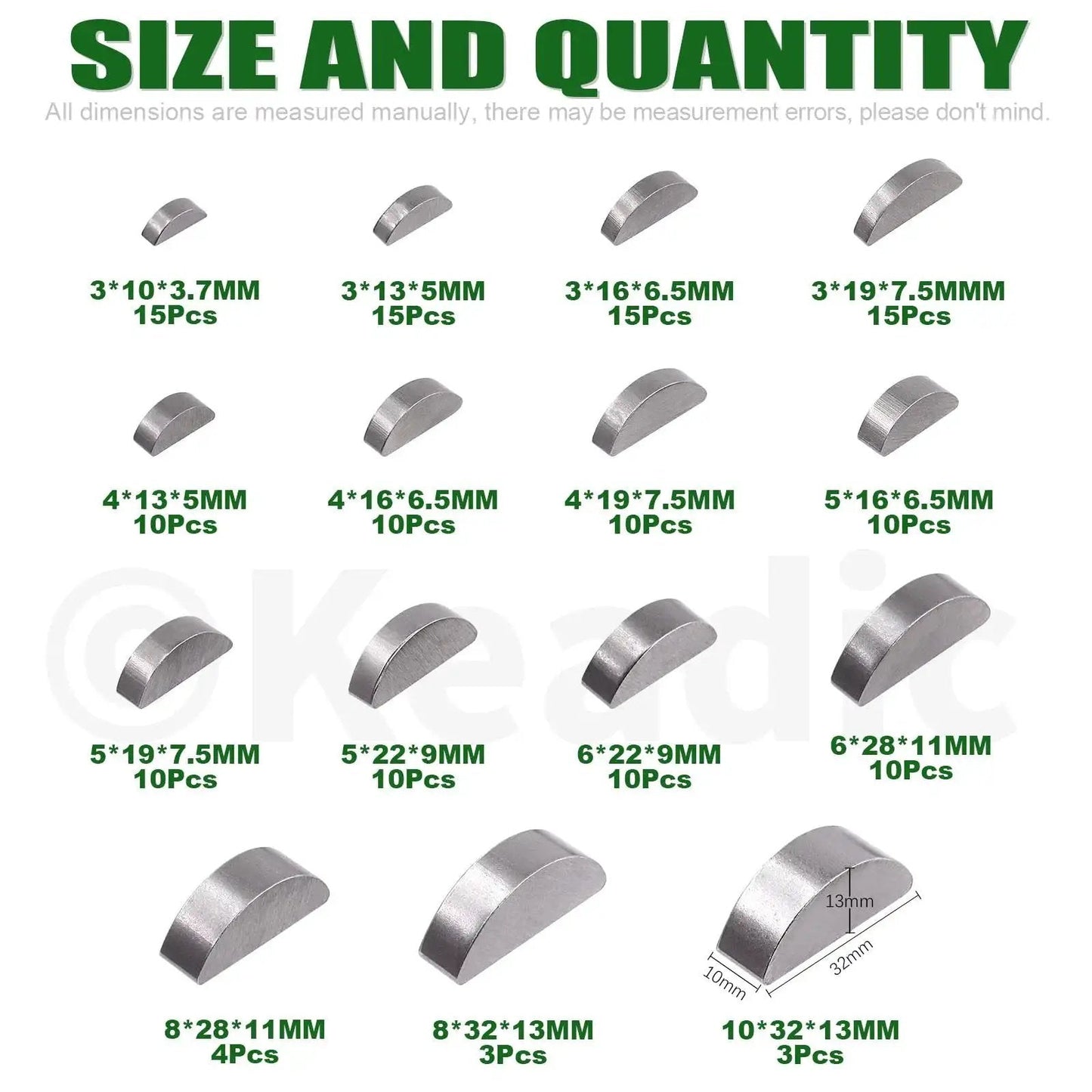 Size chart of Woodruff Key Assortment Pack 150 Pcs In 15 Metric Sizes Carbon Steel Half Moon Keys for shafts, pulleys, and cranks.