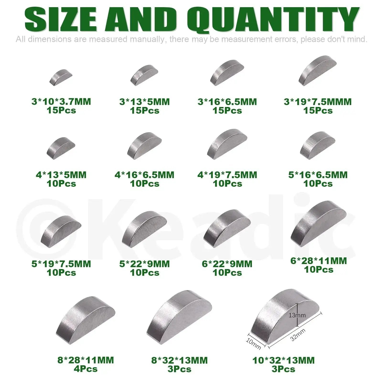 Size chart of Woodruff Key Assortment Pack 150 Pcs In 15 Metric Sizes Carbon Steel Half Moon Keys for shafts, pulleys, and cranks.