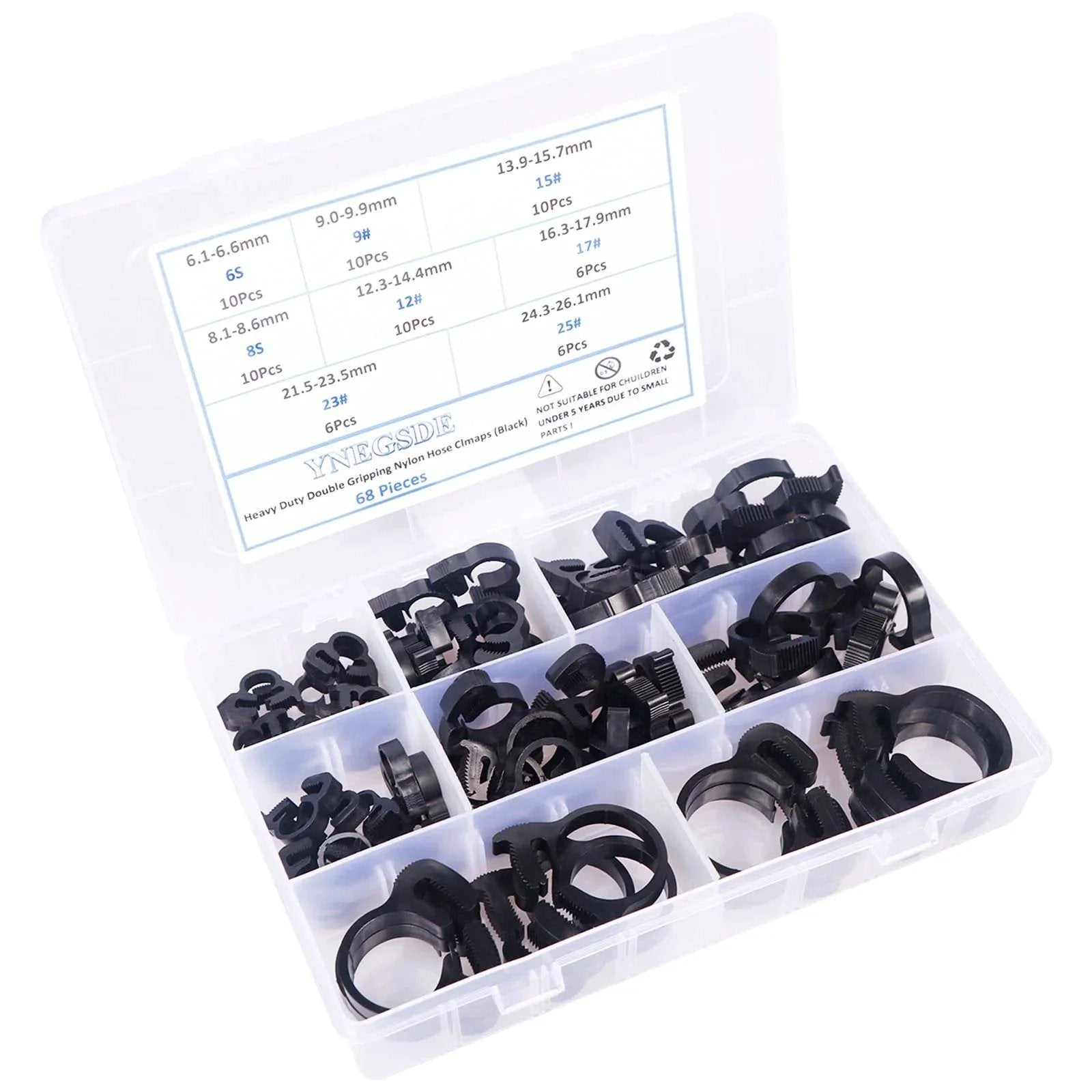 Heavy Duty Ratcheting Hose Clamp Set 6.1 To 26.1 Mm Adjustable Nylon Plastic Double Snap Grip 8 Size Kit With 68 Pieces