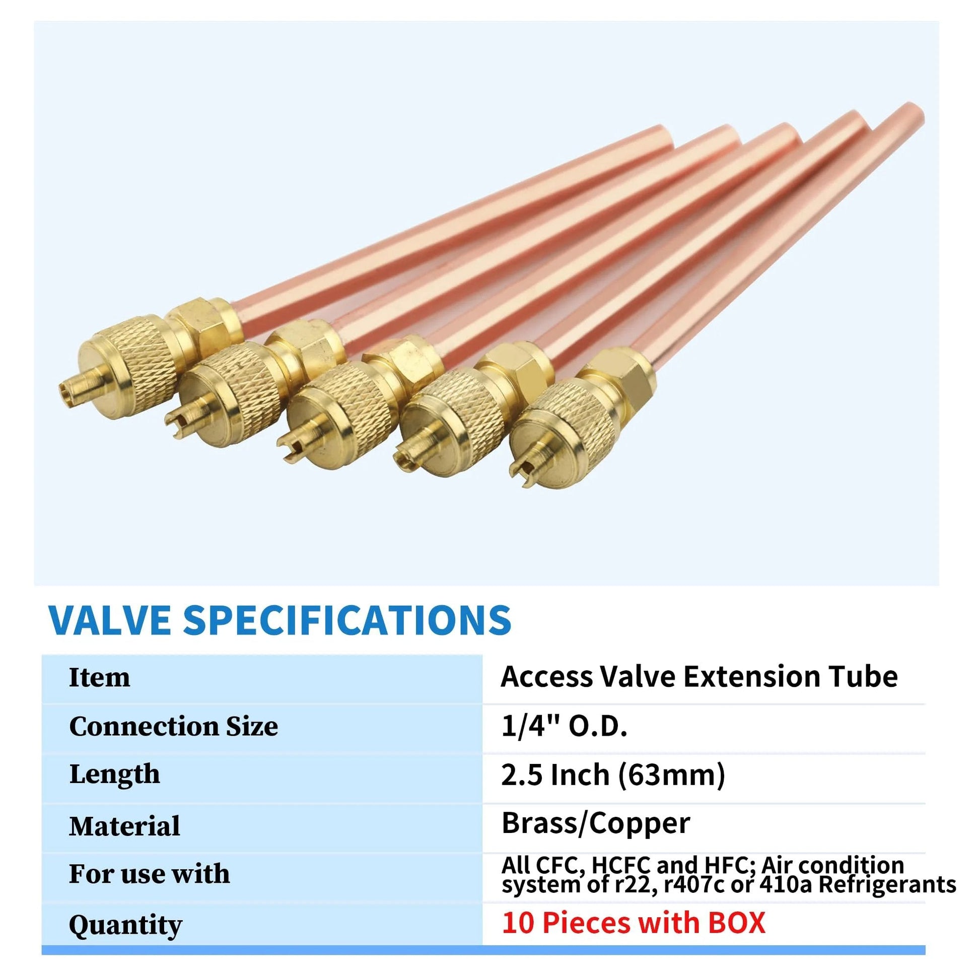 Must Have HVAC Schrader Valve Kit For Vacuum Systems And Refrigeration Ten Piece Set One Quarter Inch SAE To One Quarter Inch OD With Two Point Five Inch Stem Brass Core And Cap Leak Proof Construction For Easy Refrigerant Charging Packed In Plastic Box