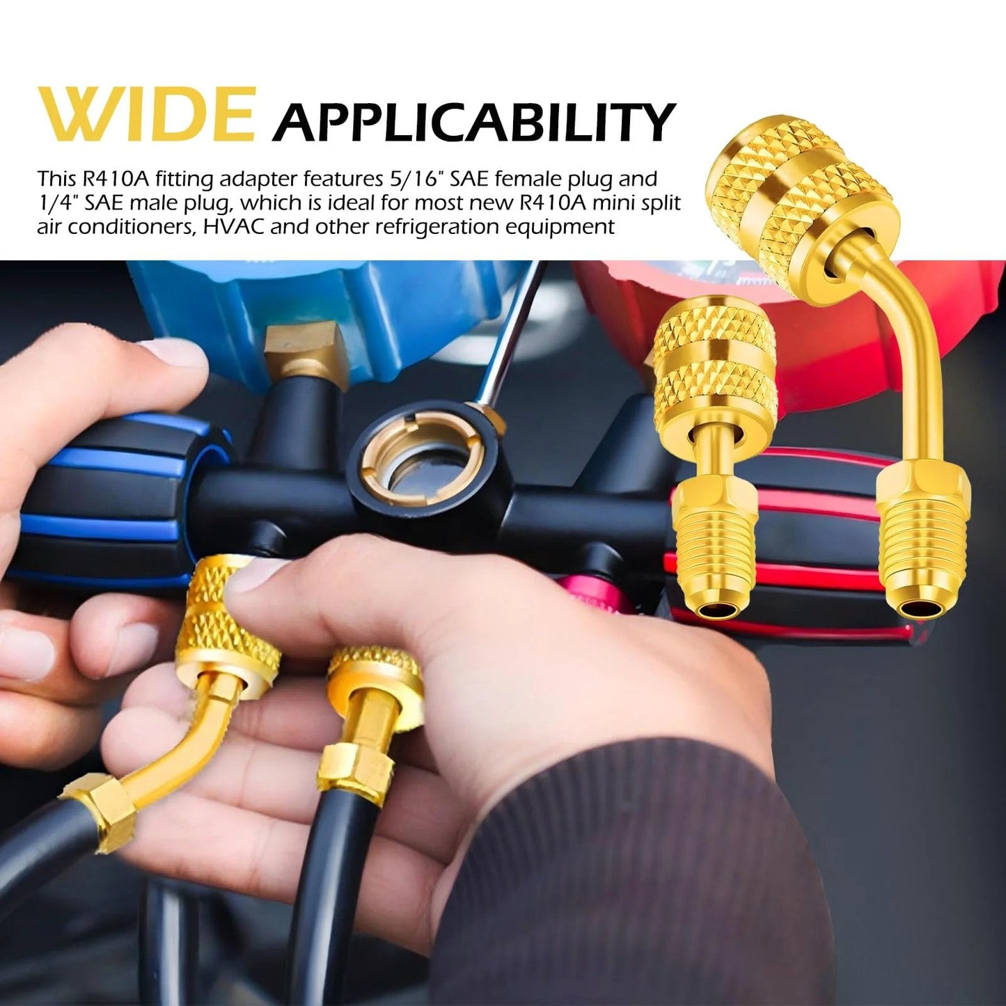 R410A Mini Split Adapter 5/16 Inch Female To 1/4 Inch Male Flare Brass Alloy With Two Straight And Two Angled Adapters For Air Conditioners HVAC And Hose Connectors shown in use on equipment
