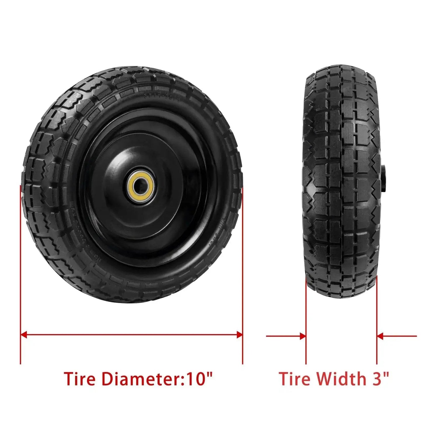 Front and side view of 10 Inch Flat Free Solid Tire And Wheel Replacement 4.10/3.50-4 for hand trucks with size dimensions shown.